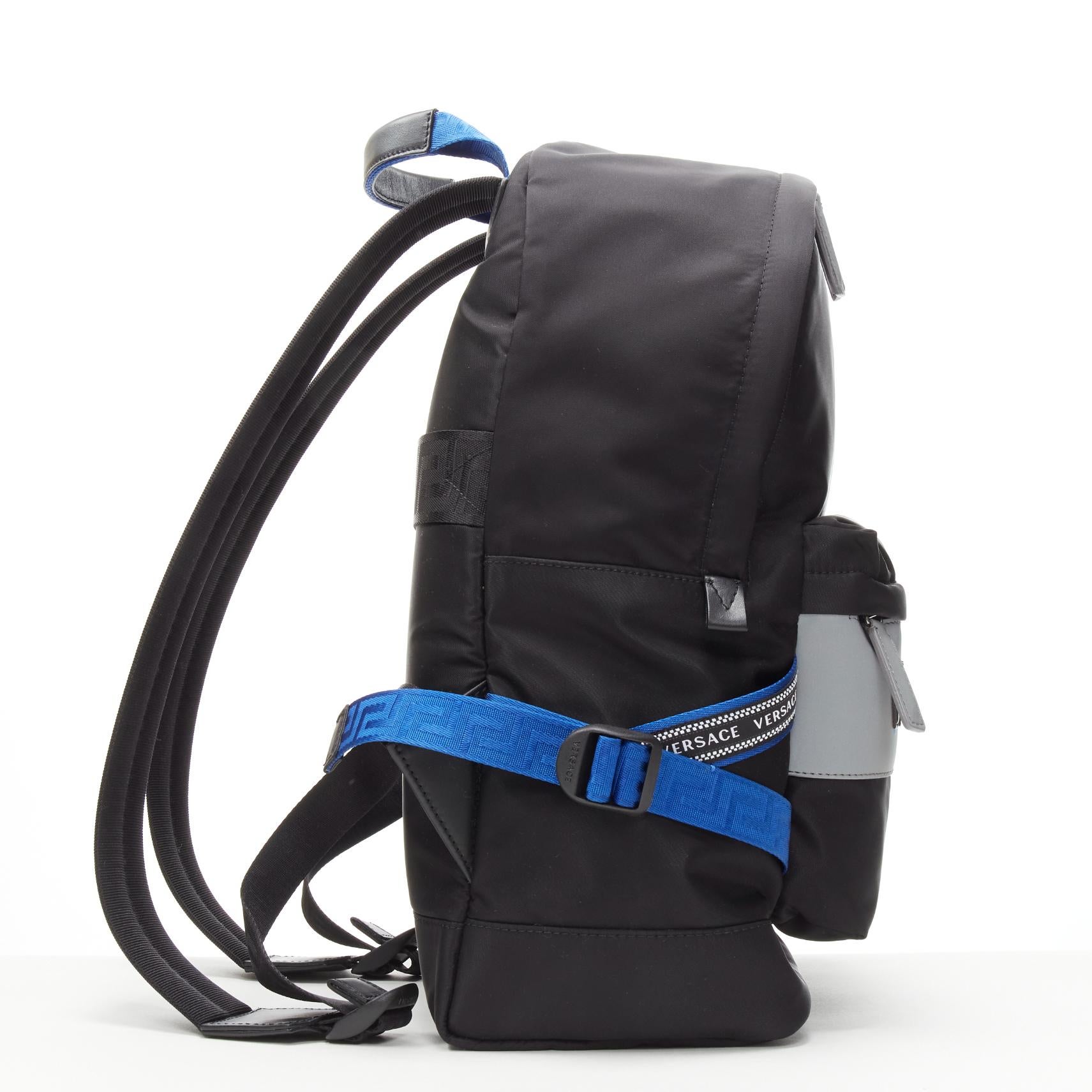 Men's VERSACE Reflective Logo black nylon blue Greca nylon strap backpack For Sale