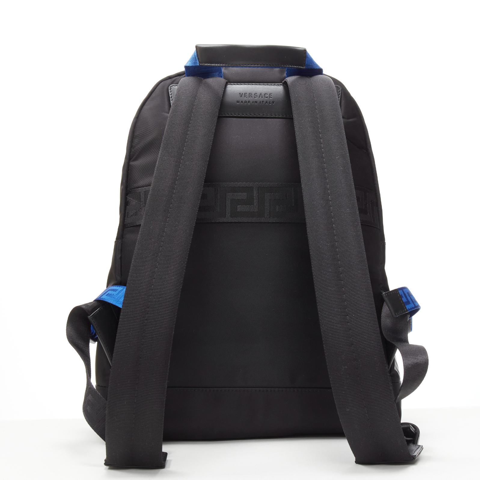 Men's VERSACE Reflective Logo black nylon blue Greca nylon strap backpack For Sale