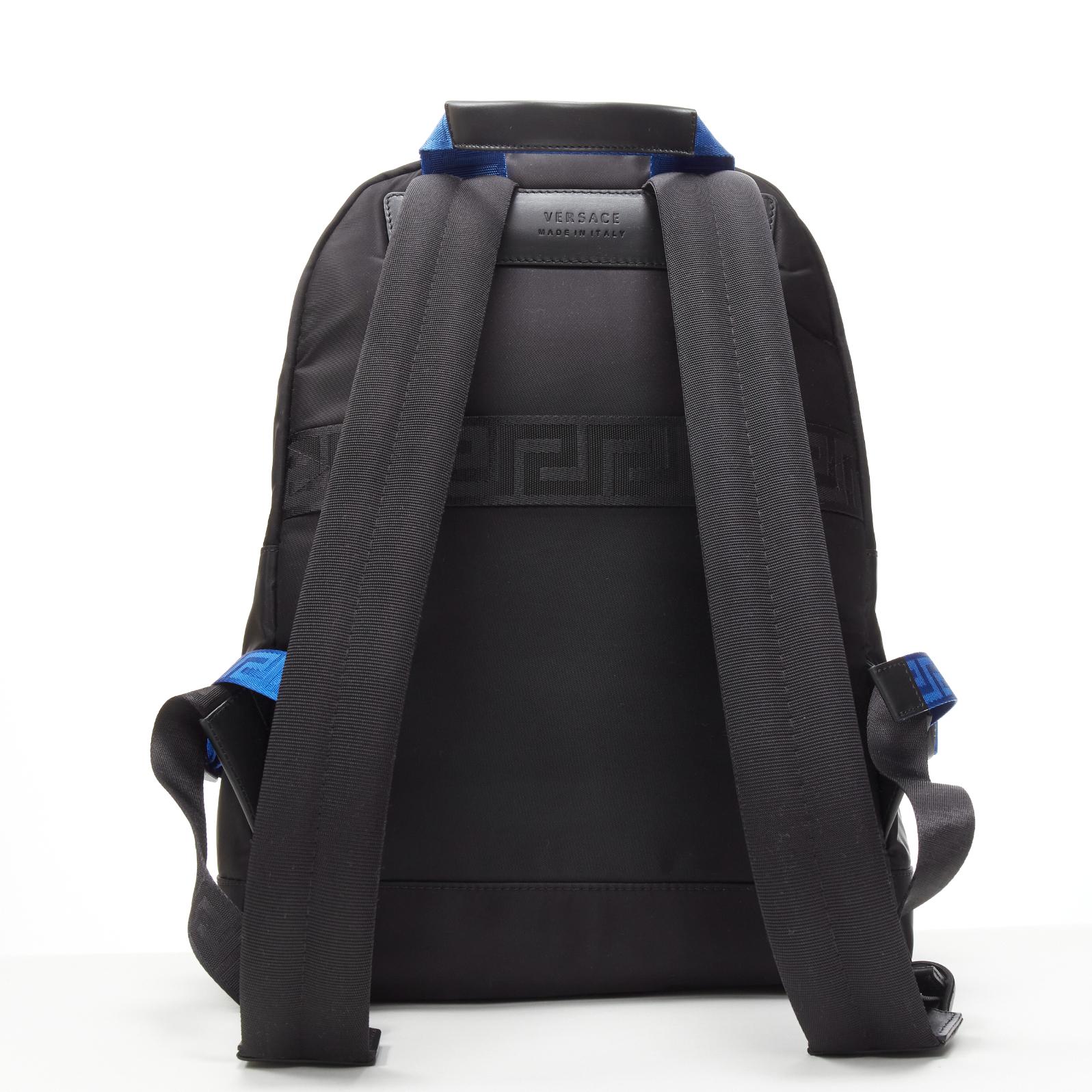 VERSACE Reflective Logo black nylon blue Greca nylon strap backpack For Sale 1