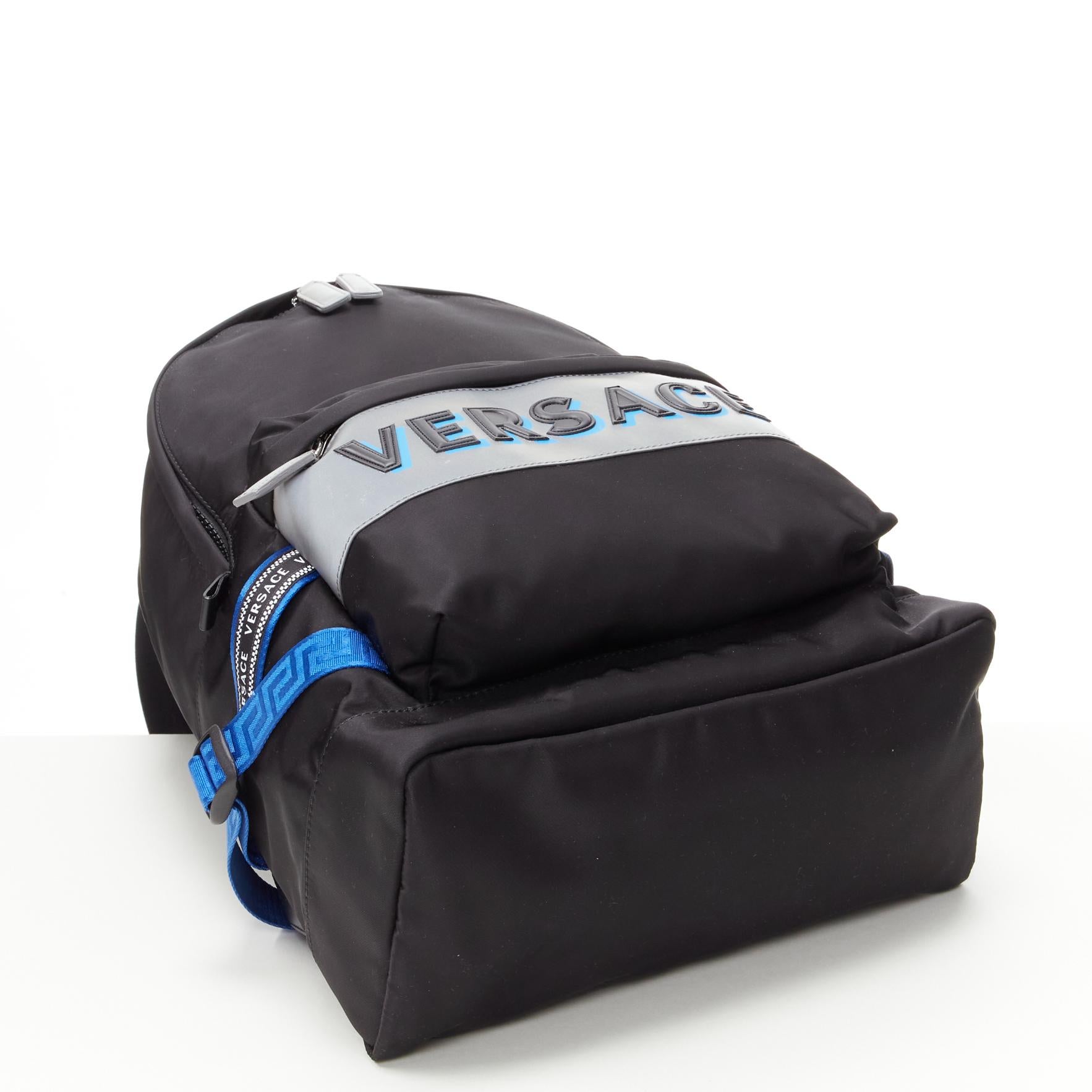 VERSACE Reflective Logo black nylon blue Greca nylon strap backpack For Sale 2