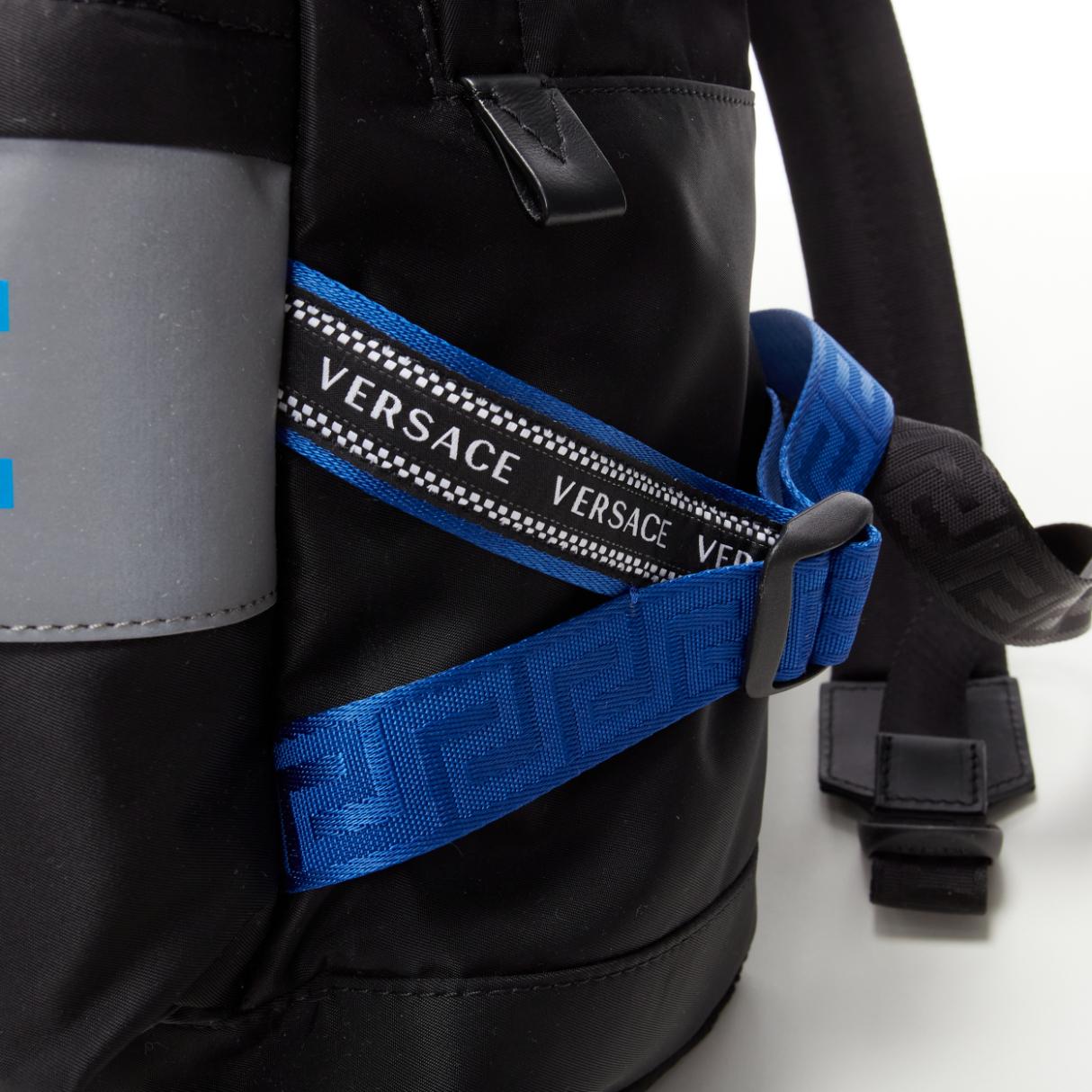 VERSACE Reflective Logo black nylon blue Greca nylon strap backpack For Sale 3