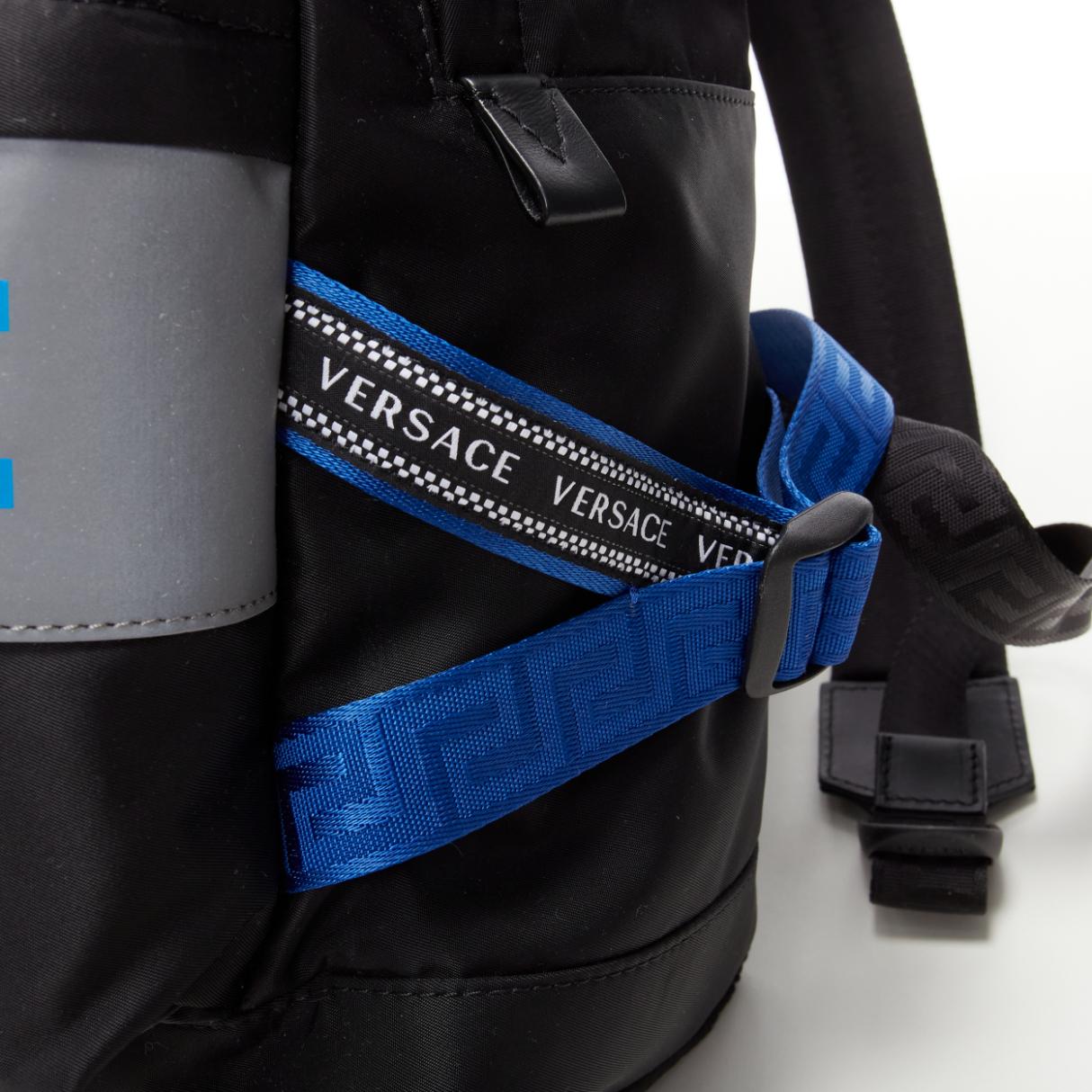 VERSACE Reflective Logo black nylon blue Greca nylon strap backpack For Sale 4