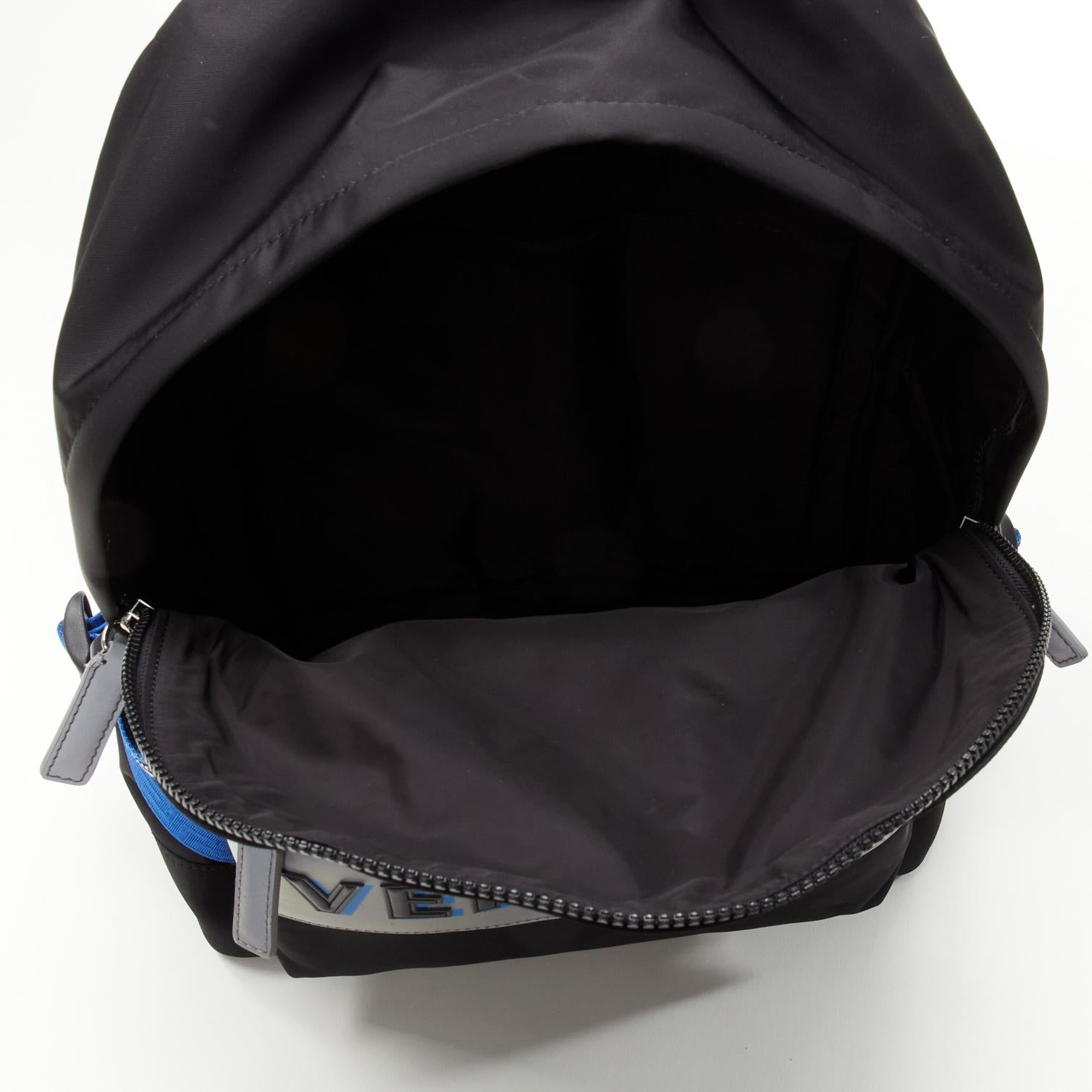 VERSACE Reflective Logo black nylon blue Greca nylon strap backpack For Sale 4