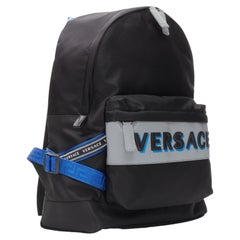 VERSACE Reflective Logo black nylon blue Greca nylon strap backpack
