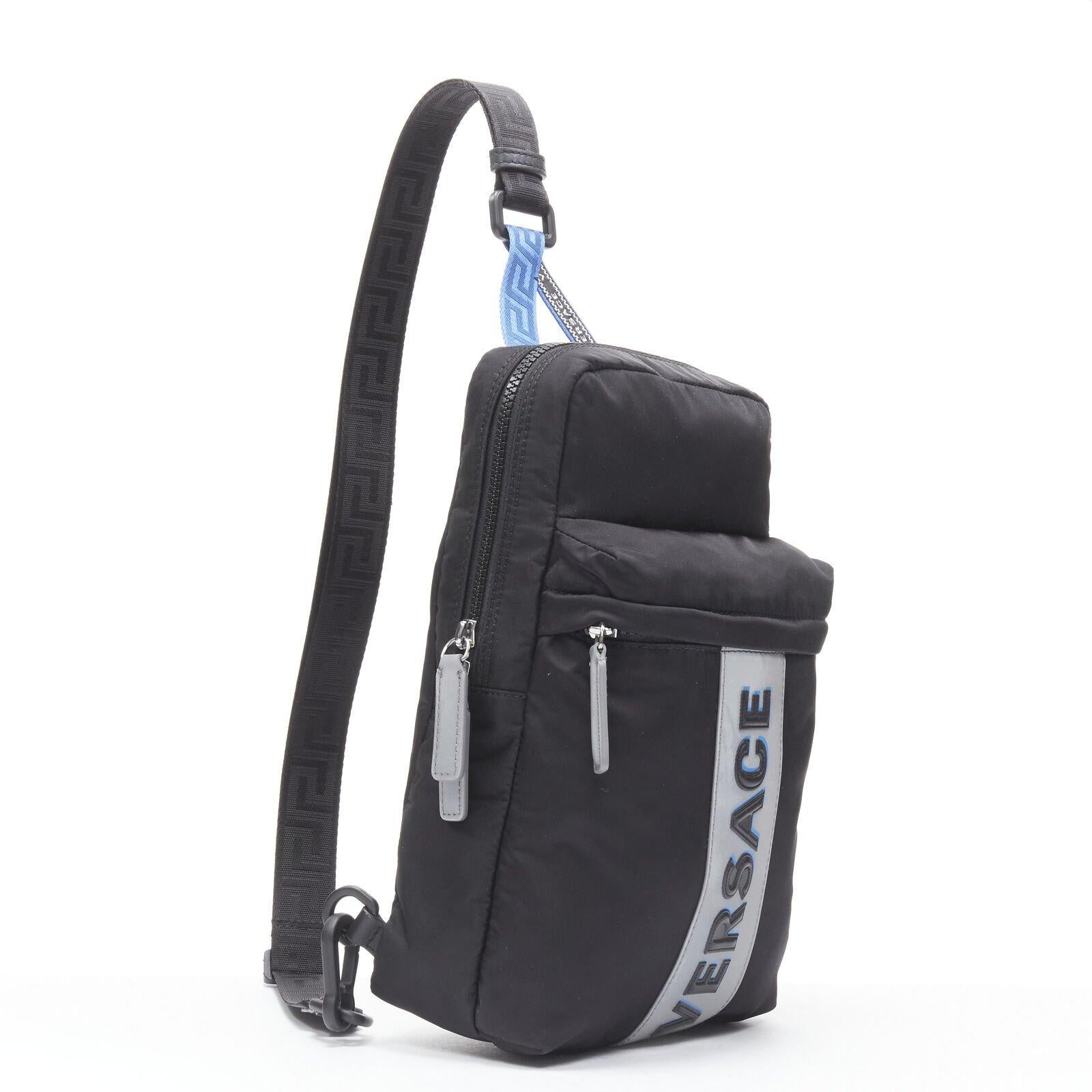 Black VERSACE reflective logo black nylon Greca sports strap sling crossbody bag