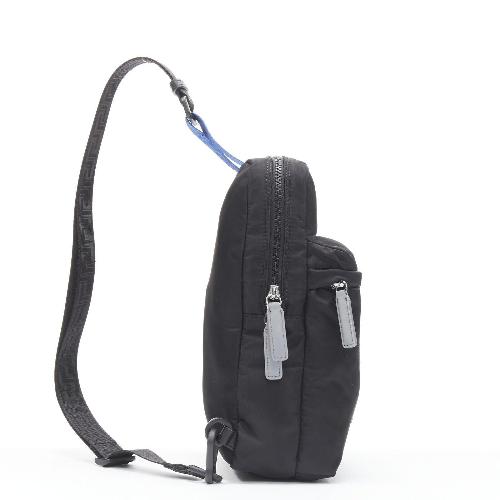Men's VERSACE reflective logo black nylon Greca sports strap sling crossbody bag For Sale