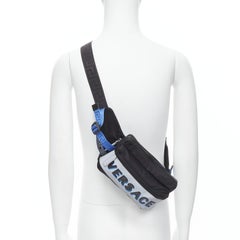 VERSACE reflective logo black nylon Greca strap crossbody belt waist bag