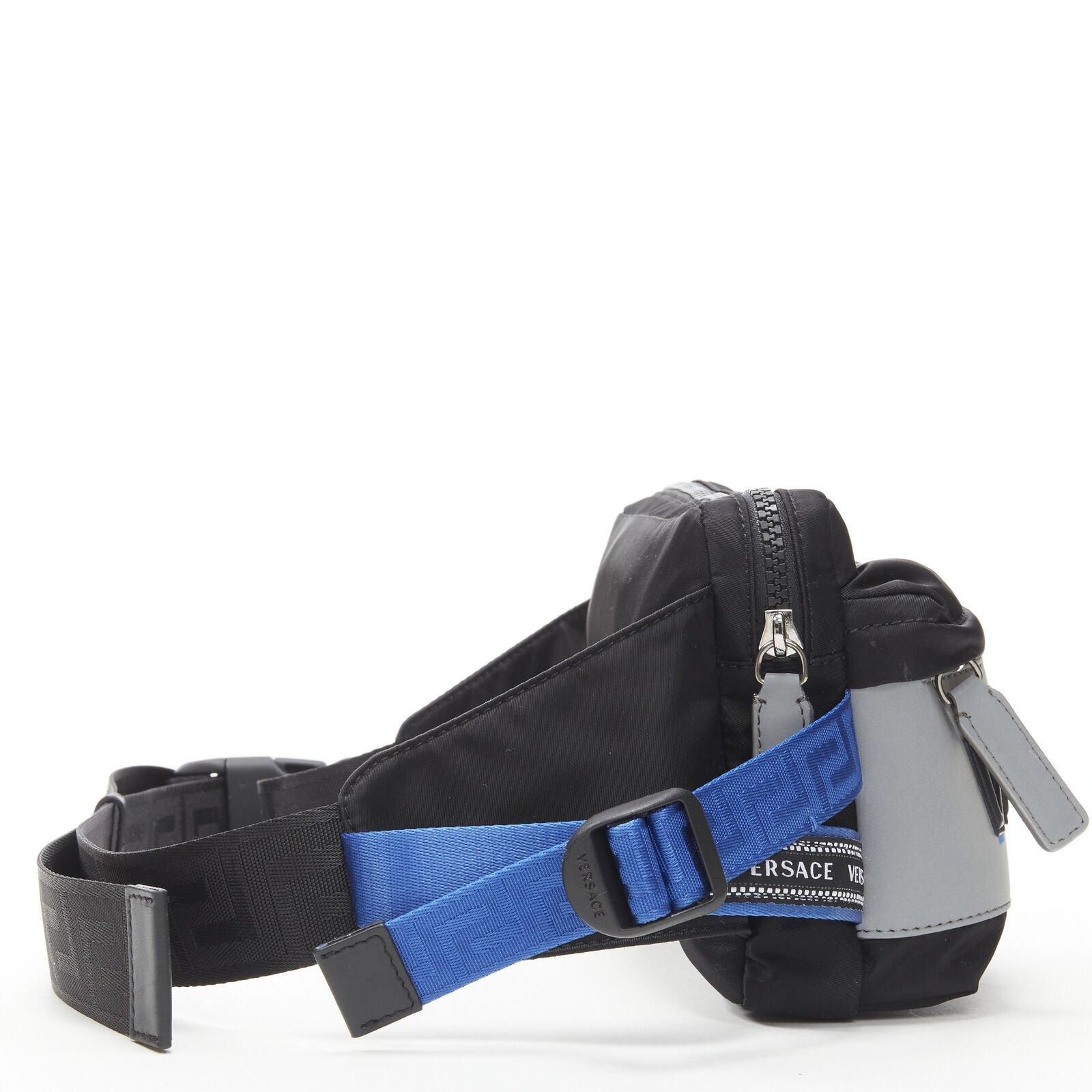 VERSACE reflective logo black nylon Greca strap crossbody belt waist bag In Excellent Condition For Sale In Hong Kong, NT