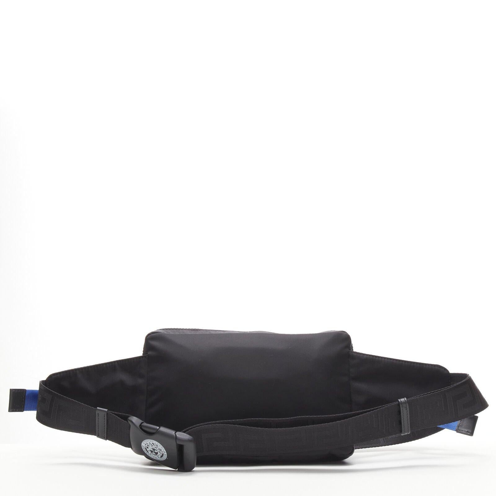 Men's VERSACE reflective logo black nylon Greca strap crossbody belt waist bag