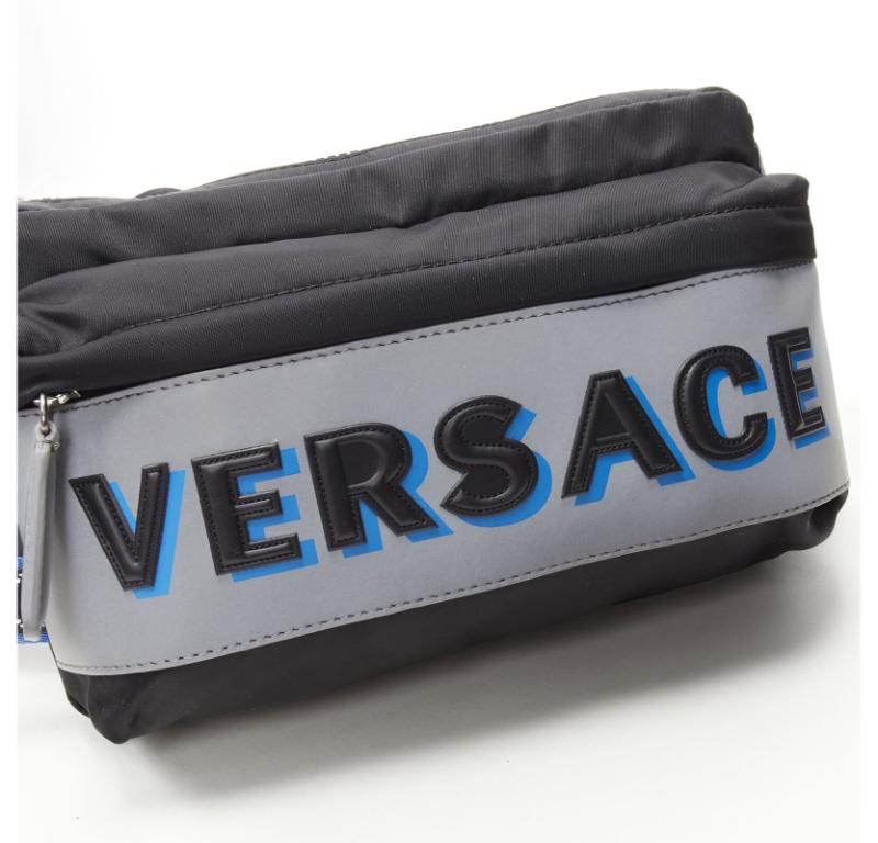 Men's VERSACE reflective logo black nylon Greca strap crossbody belt waist bag