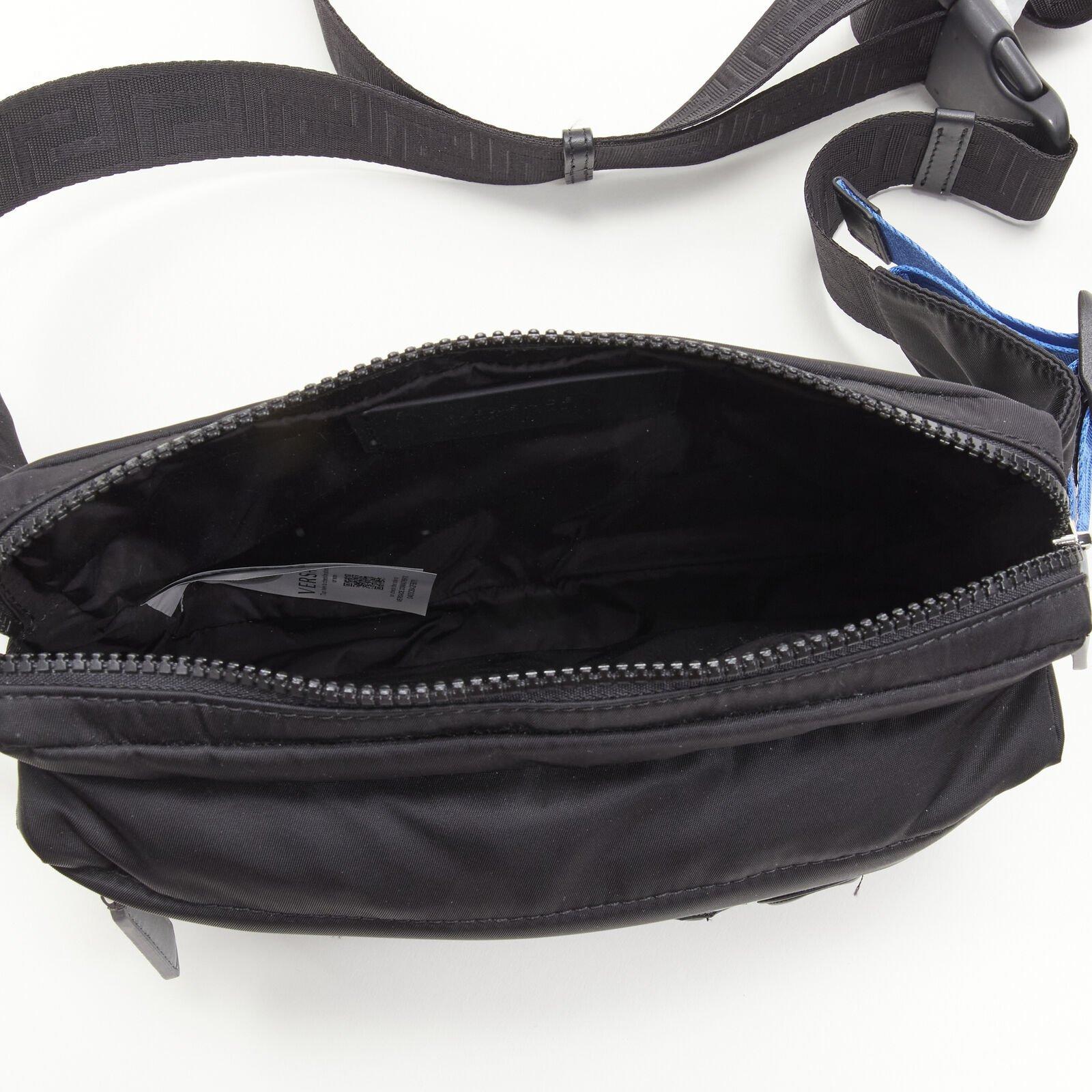 VERSACE reflective logo black nylon Greca strap crossbody belt waist bag For Sale 3
