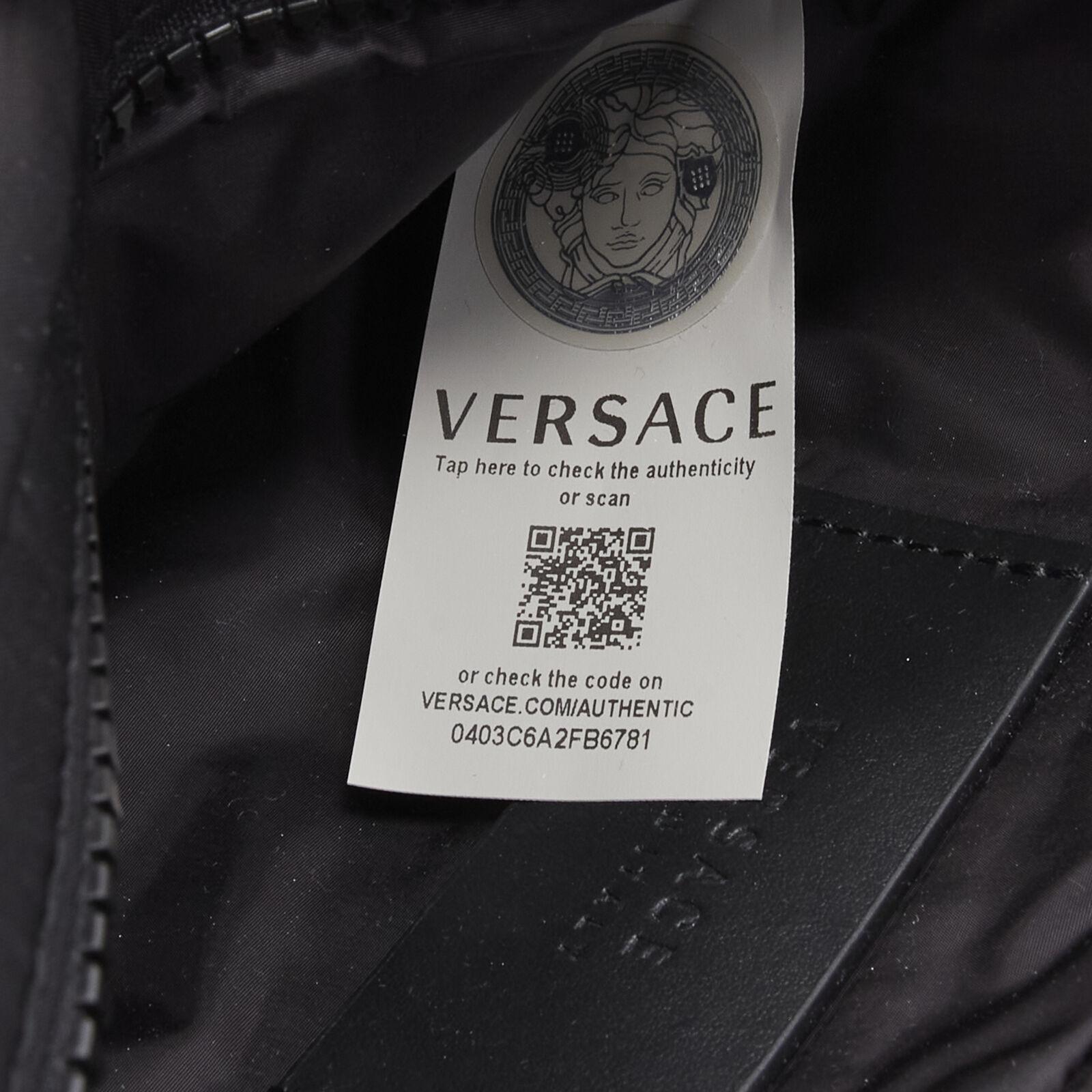 VERSACE reflective logo black nylon Greca strap crossbody belt waist bag For Sale 5