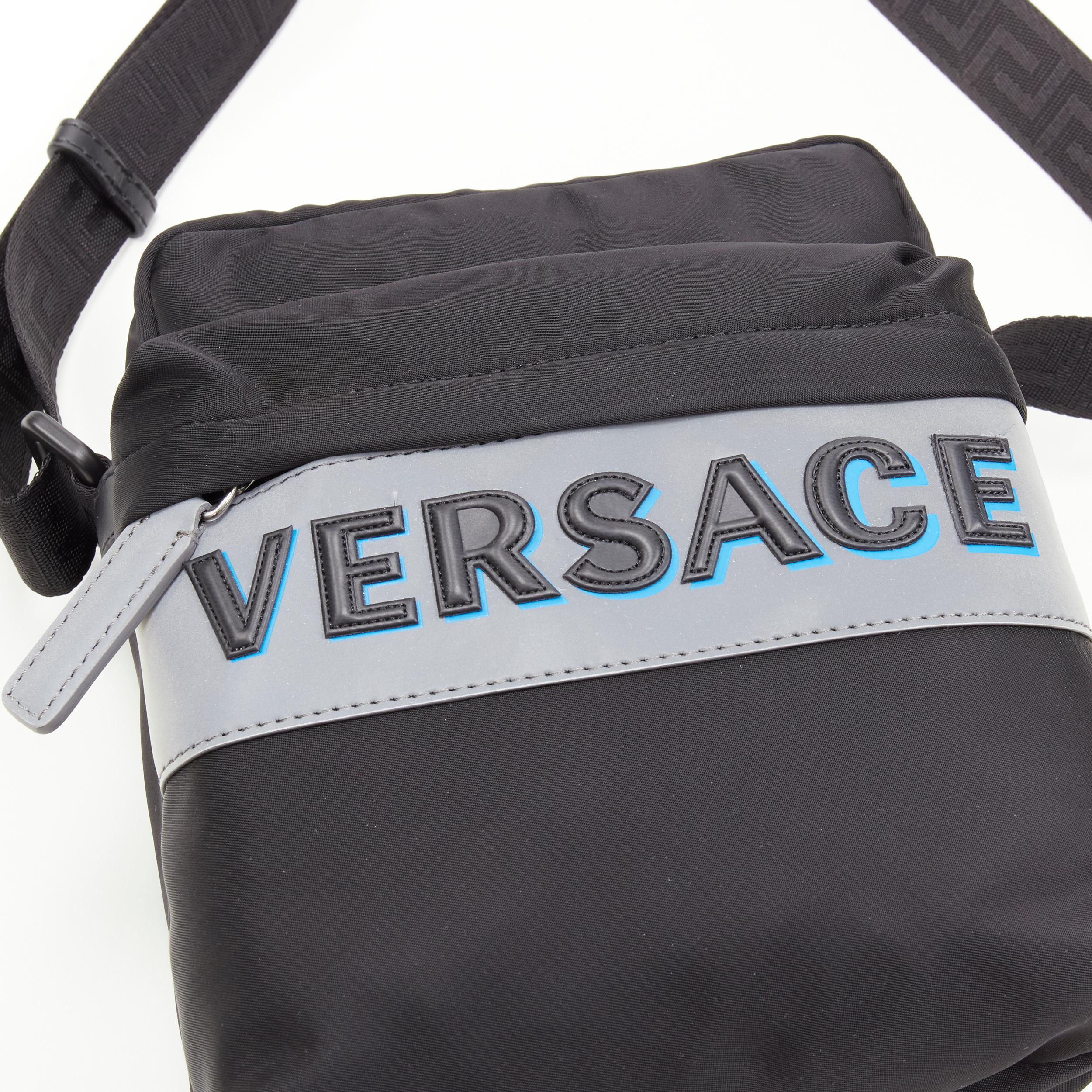 VERSACE reflective logo black nylon Greca strap crossbody messenger bag For Sale 2