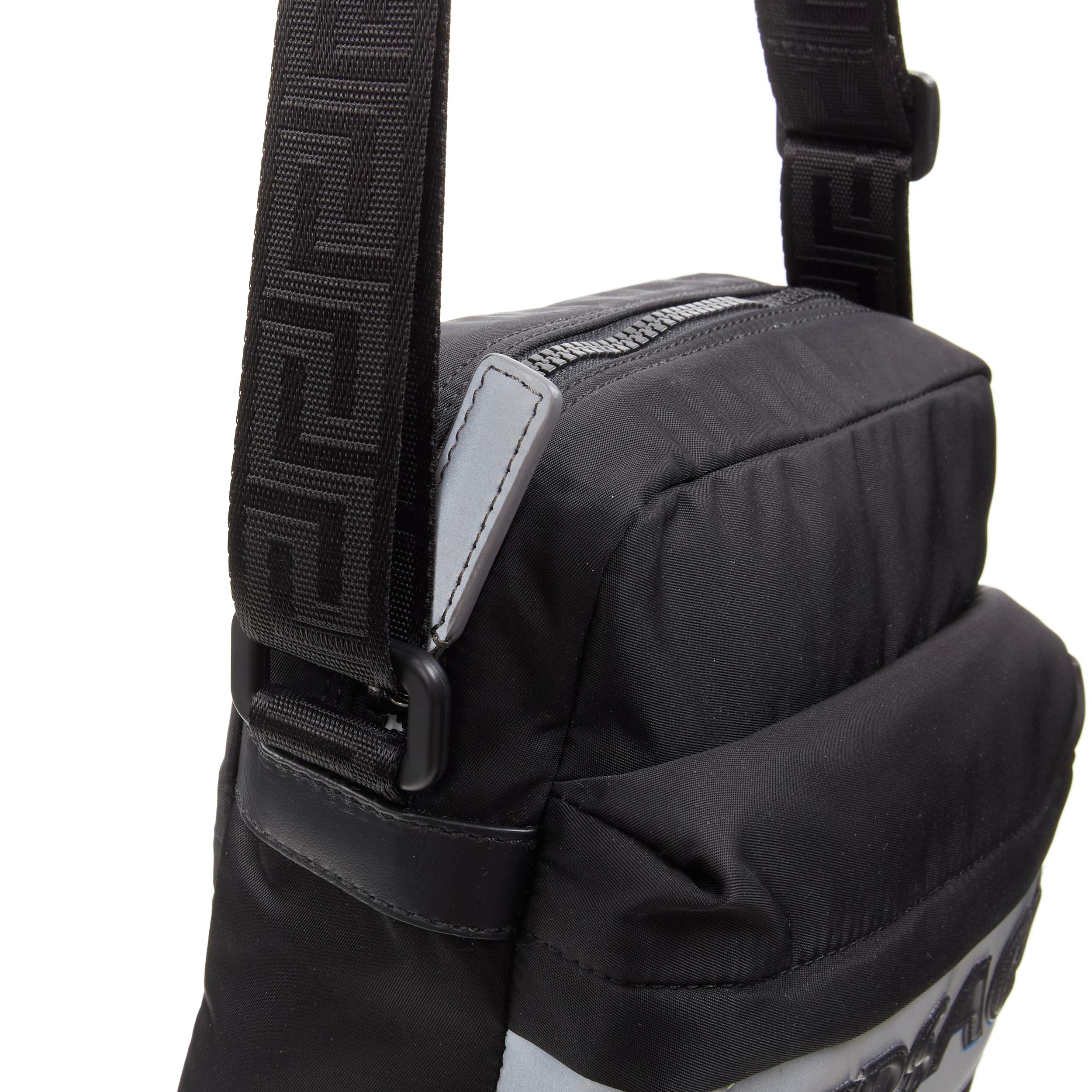VERSACE reflective logo black nylon Greca strap crossbody messenger bag For Sale 3