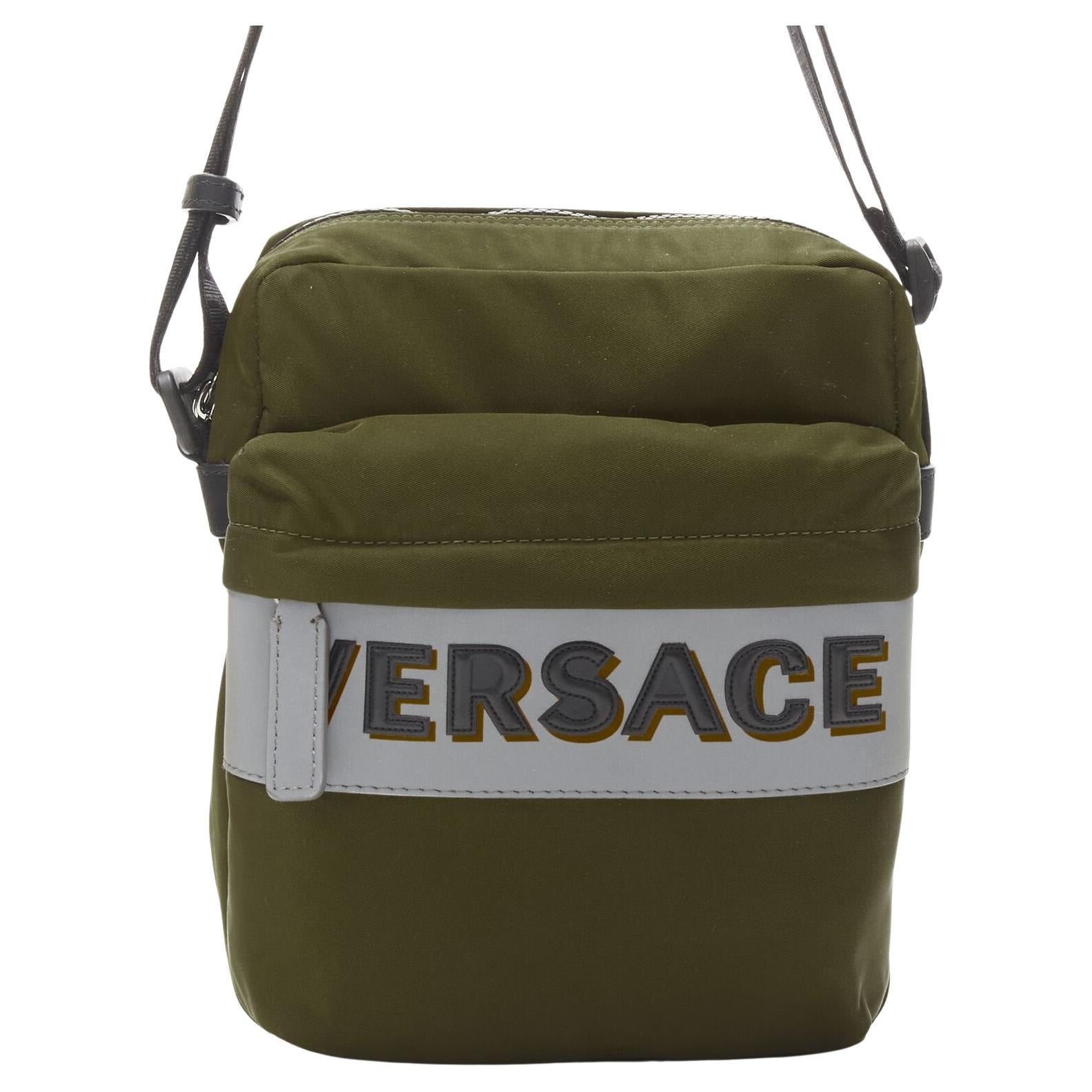 VERSACE reflective logo green nylon Greca strap crossbody messenger bag