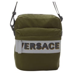 VERSACE reflective logo green nylon Greca strap crossbody messenger bag
