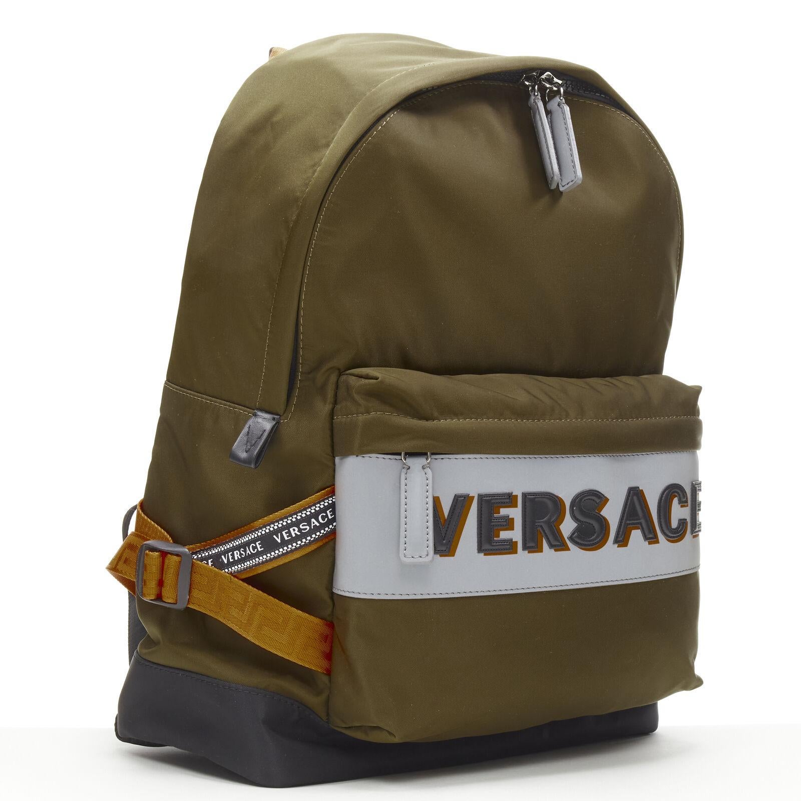 Black VERSACE Reflective Logo green nylon orange Greca strap backpack For Sale
