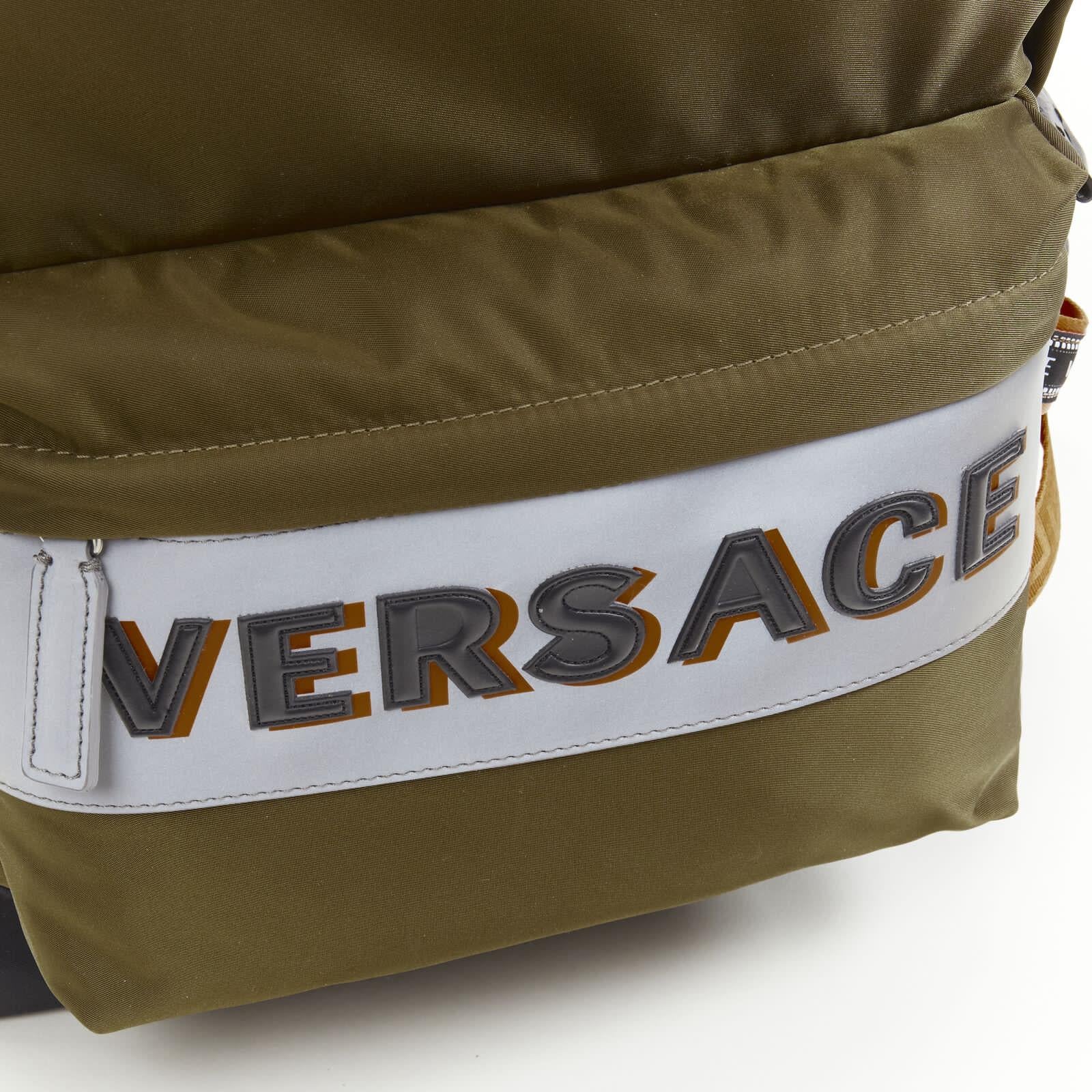 VERSACE Reflective Logo green nylon orange Greca strap backpack For Sale 2