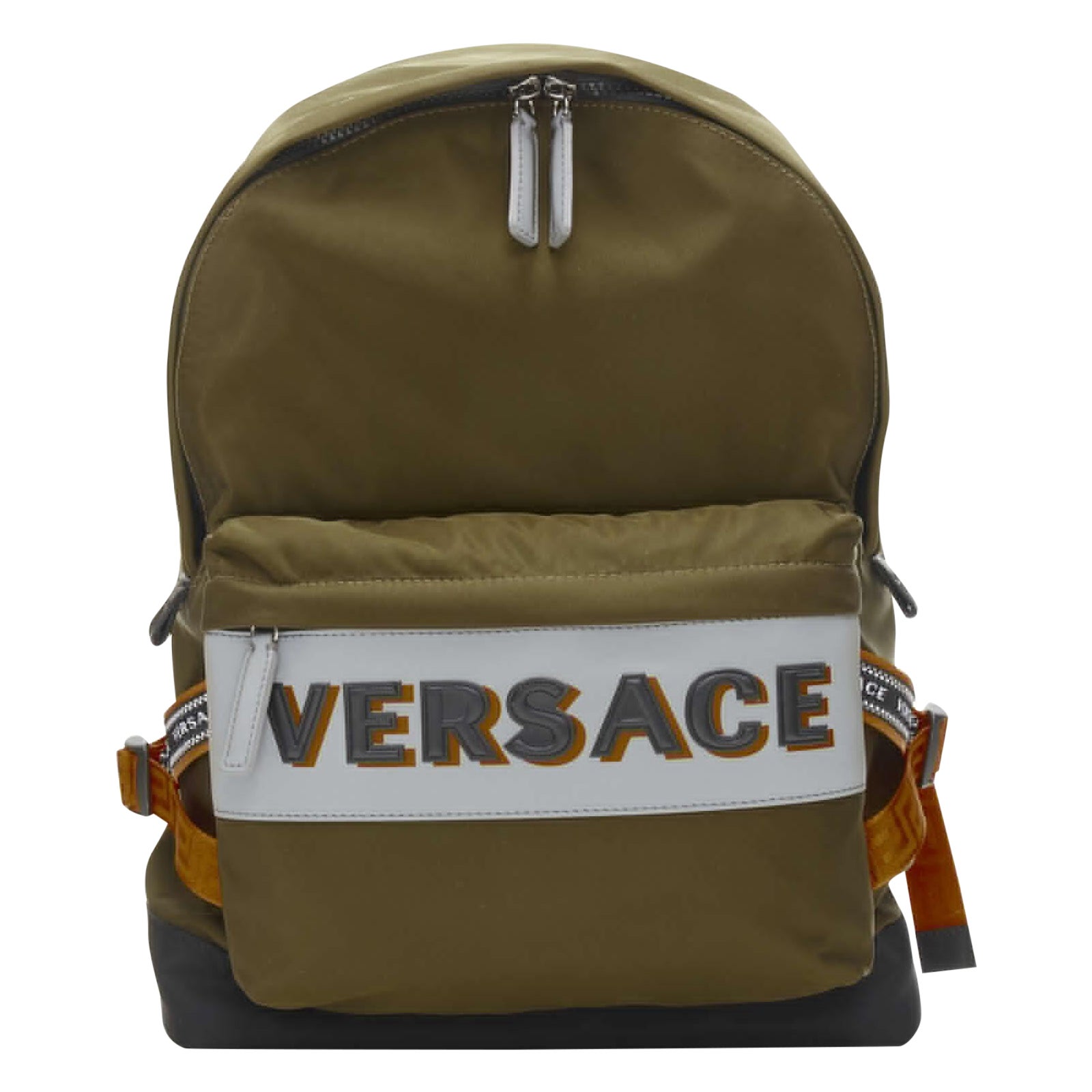 VERSACE Sac à dos Greca vert nylon orange avec logo réfléchissant en vente