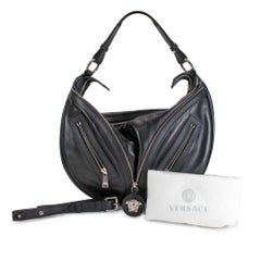 Versace Repeat Hobo Medium Black Leather Silver Hardware Shoulder Bag