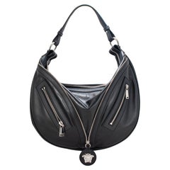 Versace Repeat Hobo Medium Black Leather Silver Hardware Shoulder Bag