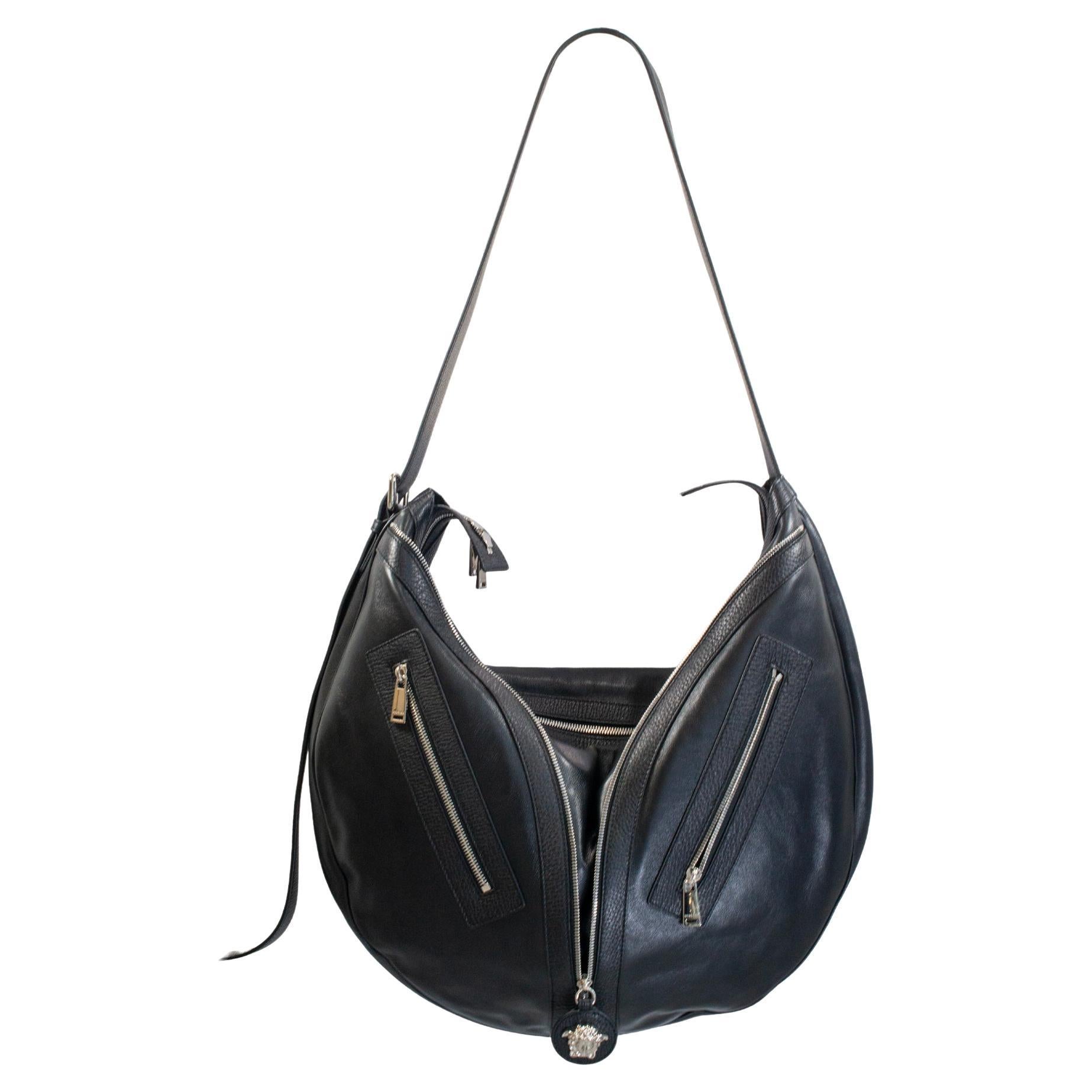 Versace Repeat Large Hobo Black Leather Silver Hardware Shoulder Bag For Sale