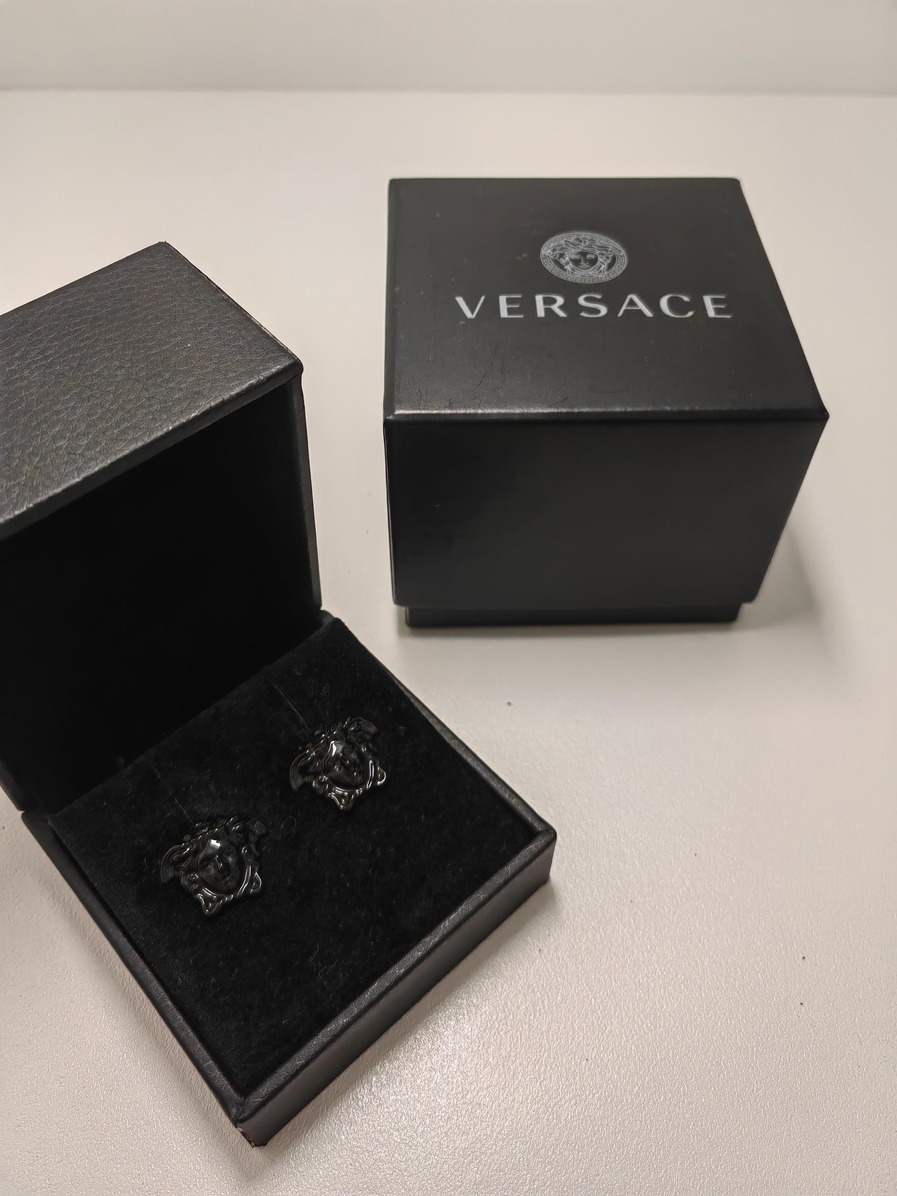 Contemporary Versace Resin Medusa Head Stud Earrings in Black For Sale