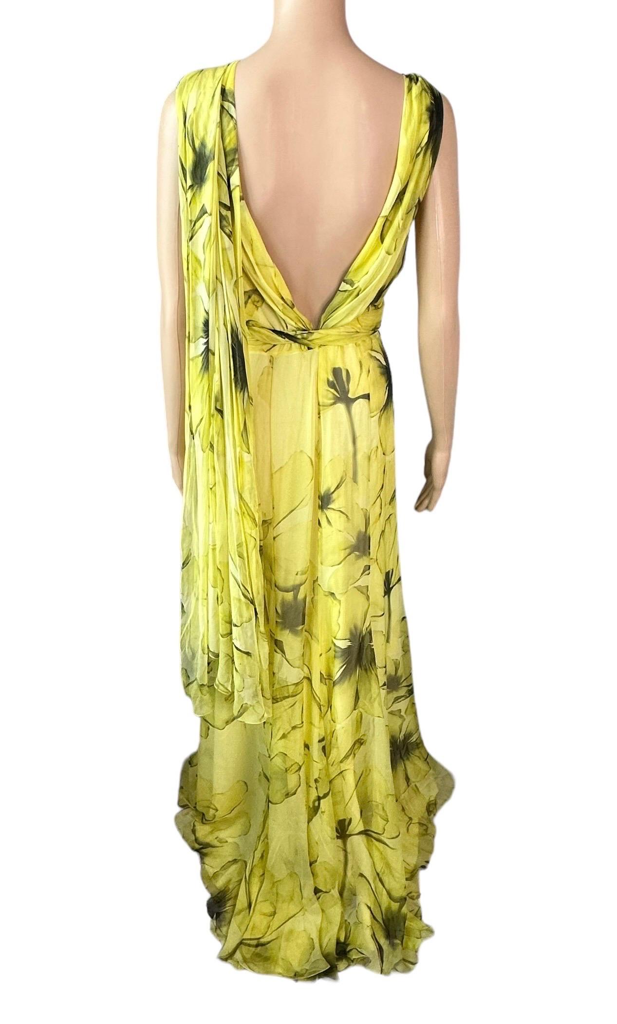 Yellow Versace Resort 2008 Plunging Neckline Floral Print Open Back Evening Dress Gown