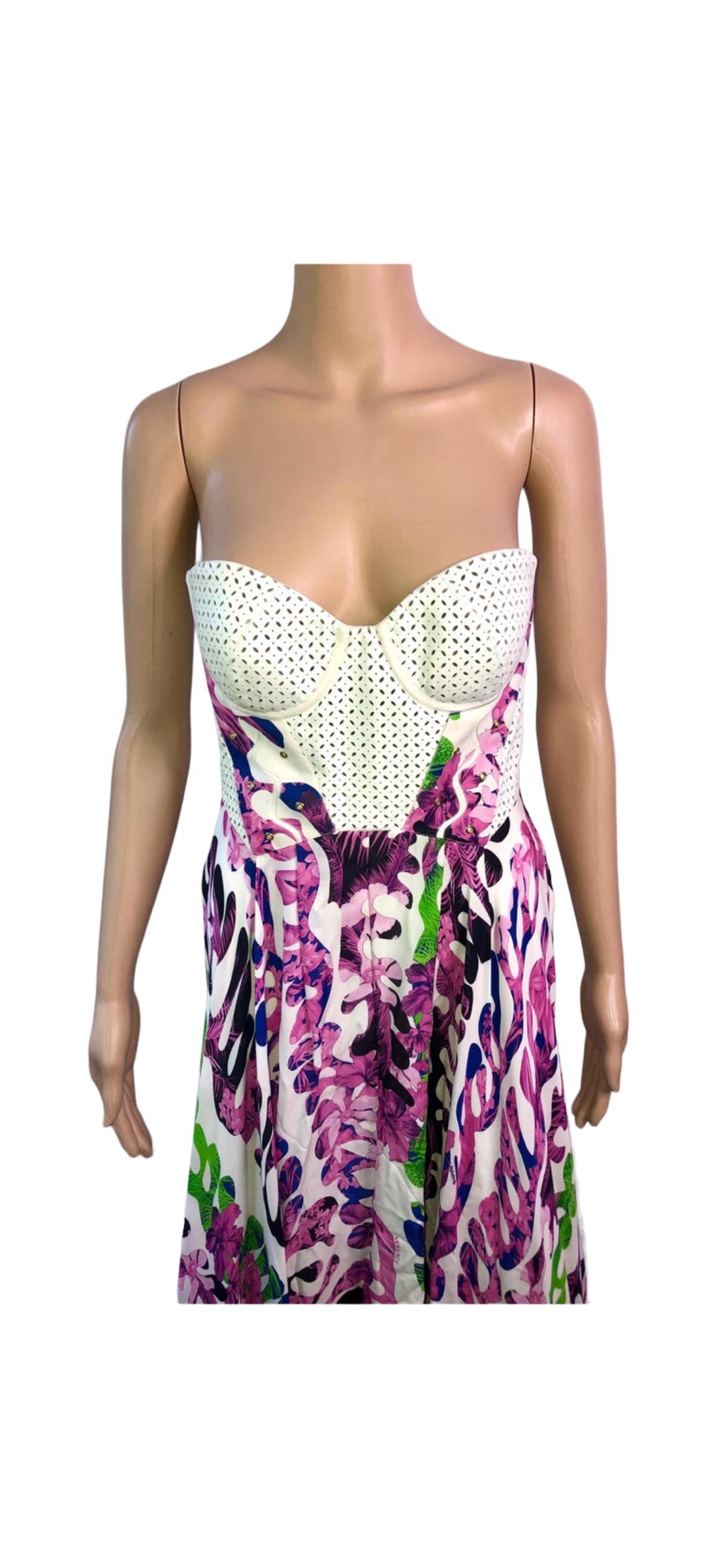 Versace Resort 2012 Bustier Laser-Cut Leather Silk Evening Dress Gown IT 38
