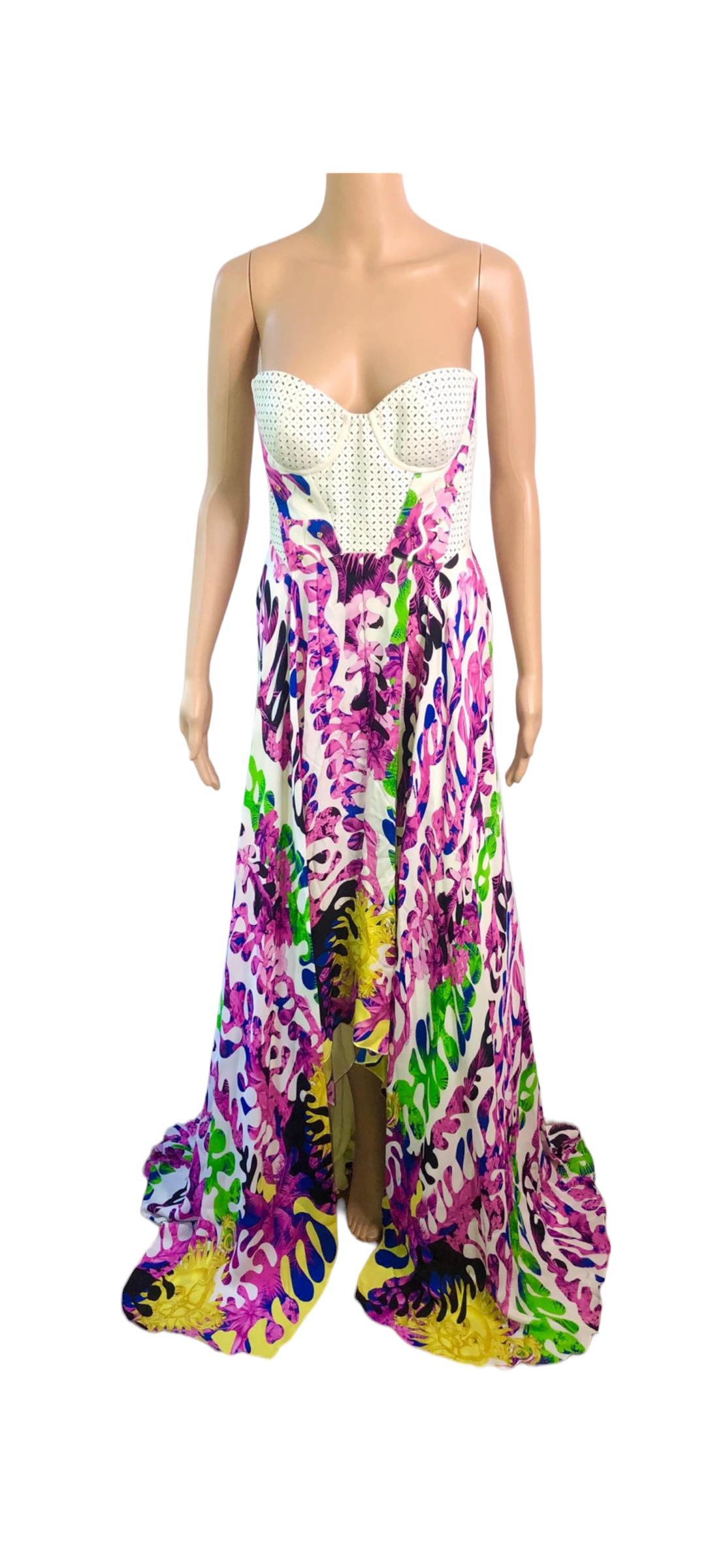 Beige Versace Resort 2012 Bustier Laser-Cut Leather Silk Evening Dress Gown  For Sale