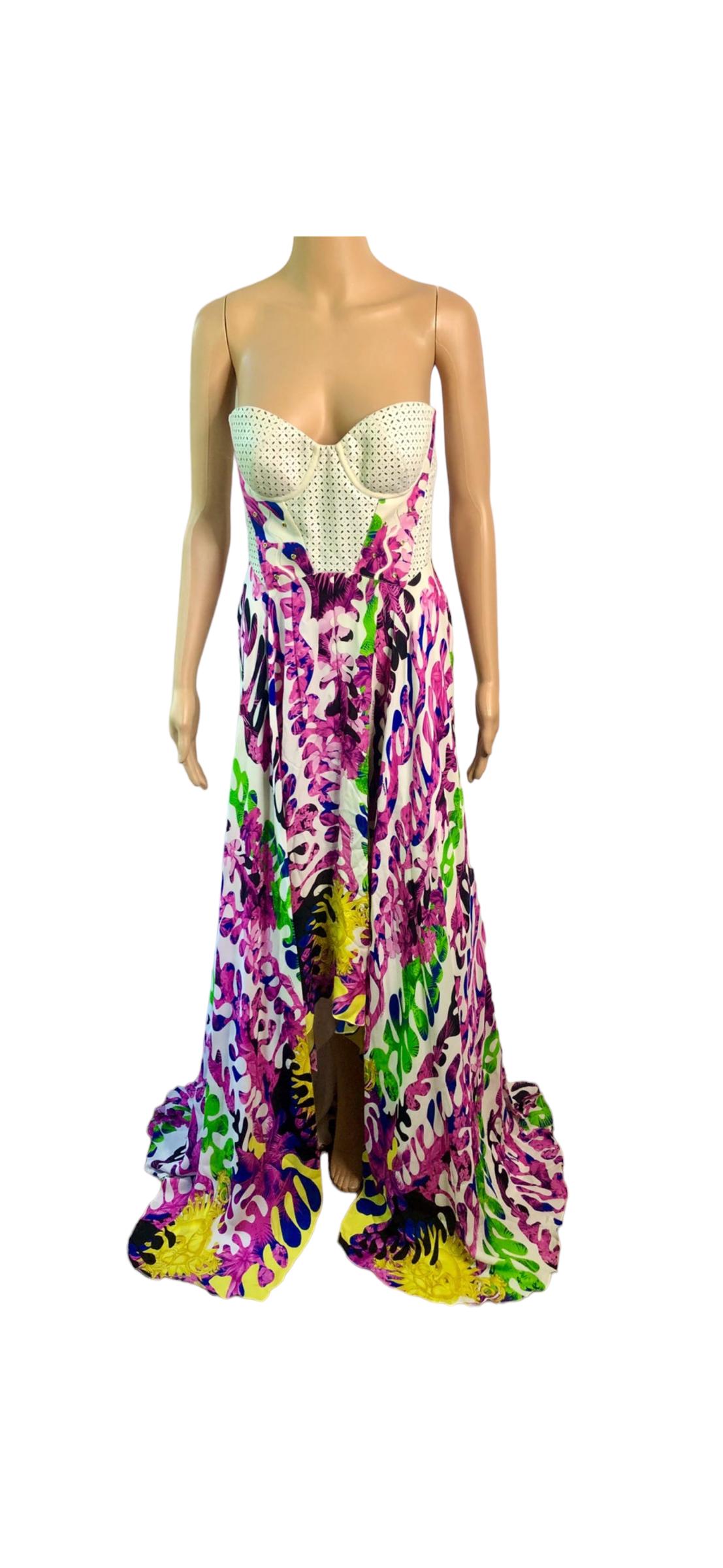 Women's Versace Resort 2012 Bustier Laser-Cut Leather Silk Evening Dress Gown  For Sale