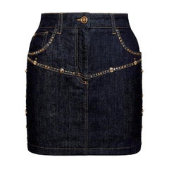 Versace Resort 2020 Stud Embellished Dark Blue Denim Mini Skirt Size 40