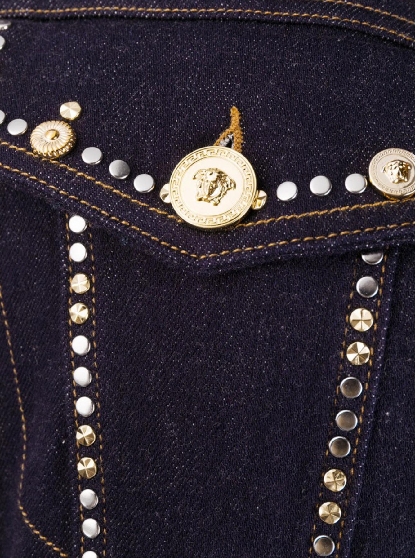 Versace Resort 2020 Studded Gianni Signature Dark Blue Denim Jean Jacket Size 38 4