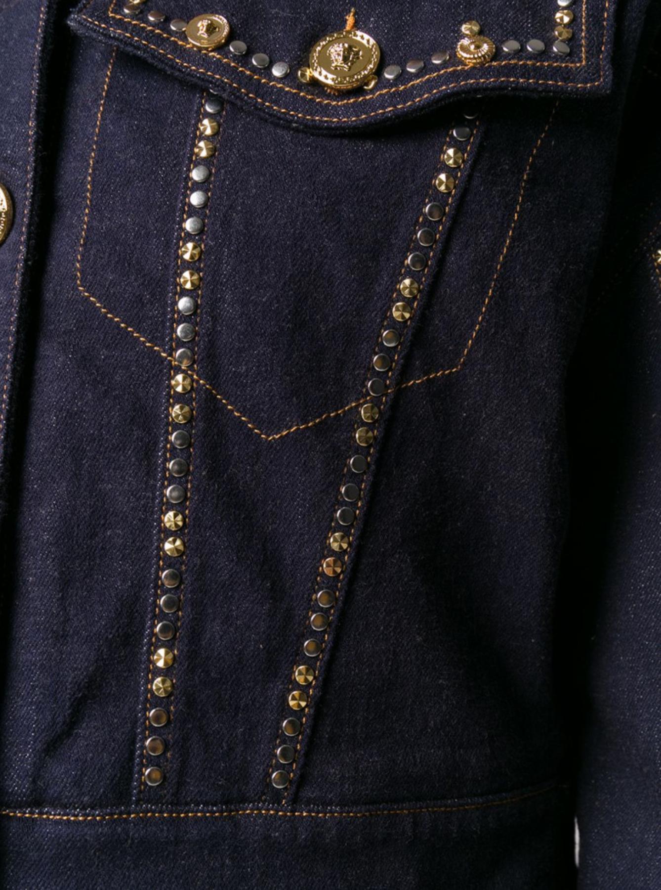 Versace Resort 2020 Studded Gianni Signature Dark Blue Denim Jean Jacket Size 38 5