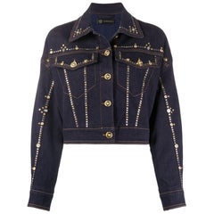 Versace Resort 2020 Studded Gianni Signature Dark Blue Denim Jean Jacket Size 38