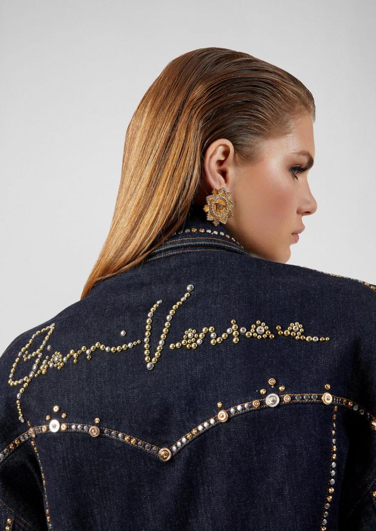 Black Versace Resort 2020 Studded Gianni Signature Dark Blue Denim Jean Jacket Size 40