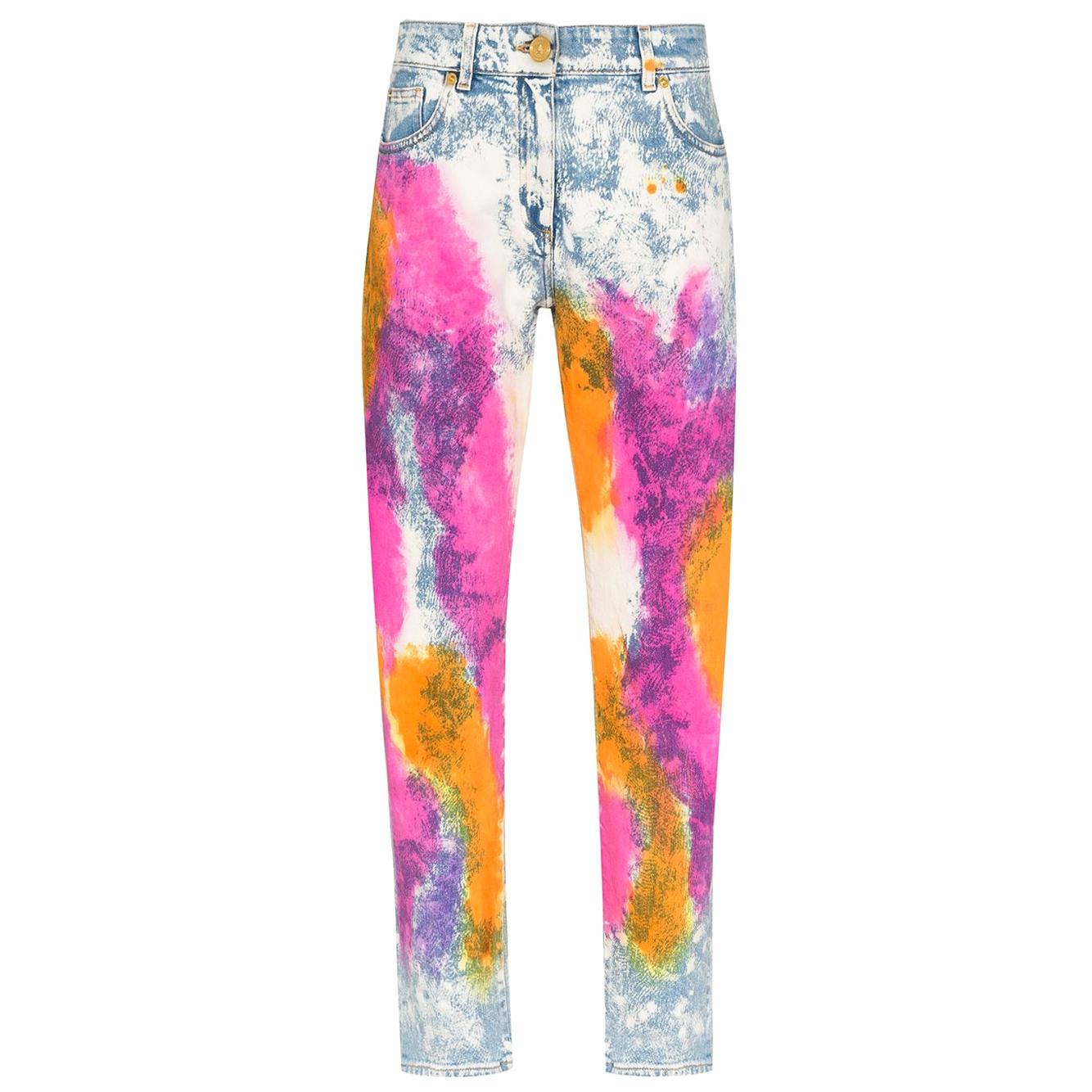 Versace Resort 2020 Tie Dye Denim High Waisted Slim Fit Jeans Size 26