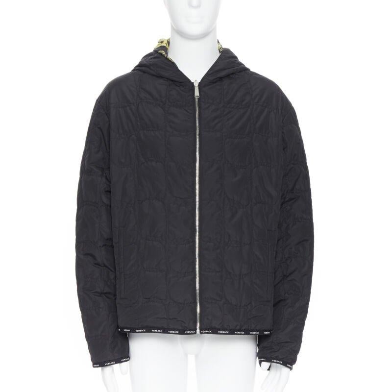 VERSACE Reversible Baroque Alphabet gold black nylon quilted jacket IT58 4XL In New Condition For Sale In Hong Kong, NT