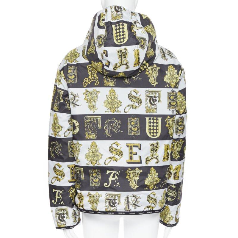 VERSACE Reversible Baroque Alphabet gold black nylon quilted jacket IT58 4XL For Sale 1