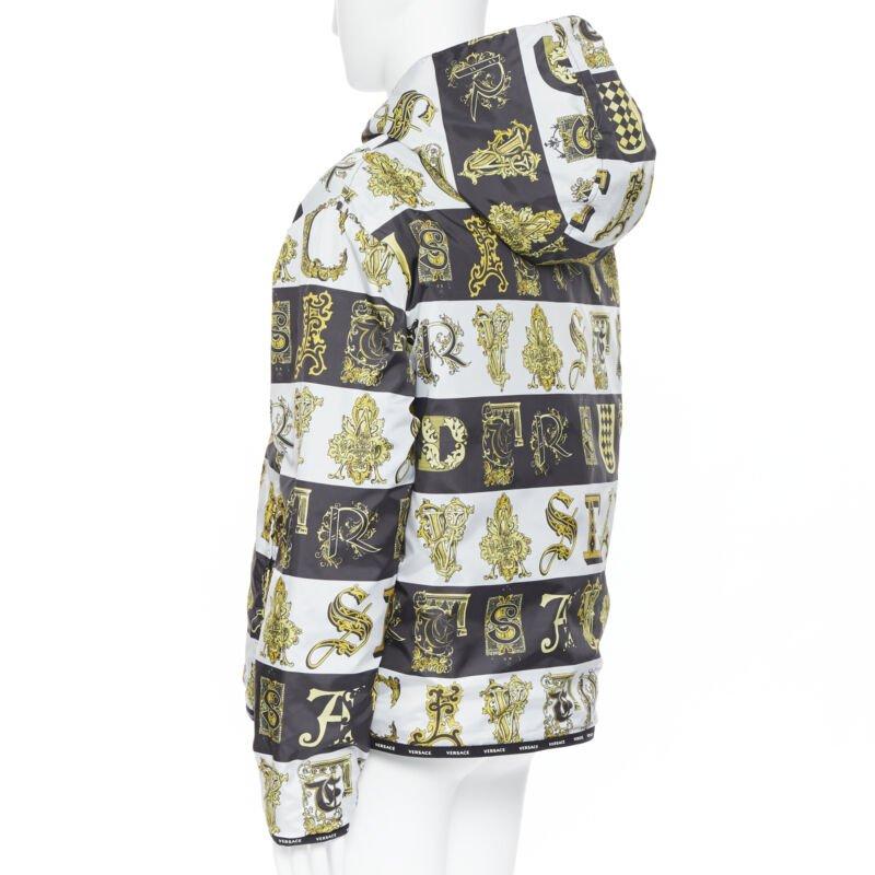VERSACE Reversible Baroque Alphabet gold black nylon quilted jacket IT58 4XL For Sale 2