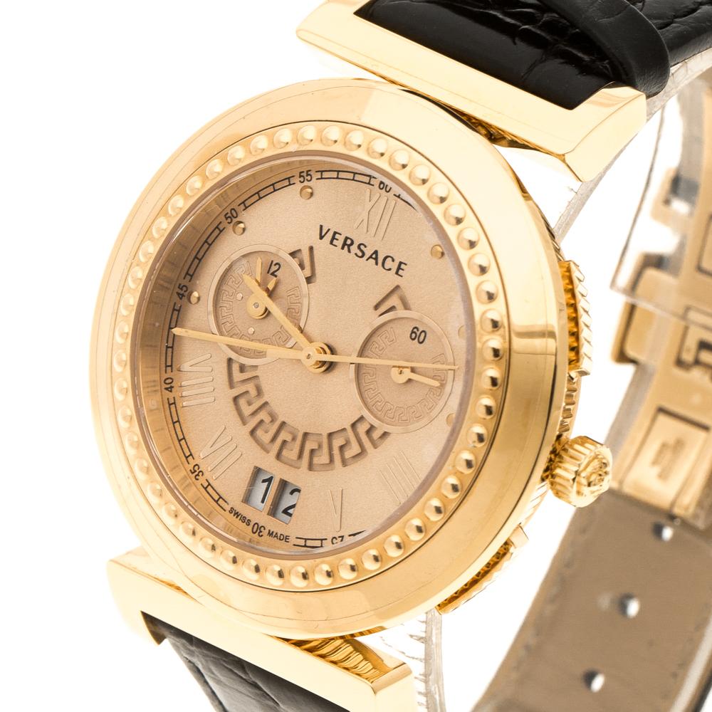 Versace creates the most stunning and eye catching pieces just like this gorgeous A9C Chronograph watch. Designed in black leather bracelet and rose gold plated steel case and accents, this watch features a studded bezel along with a shimmering gold