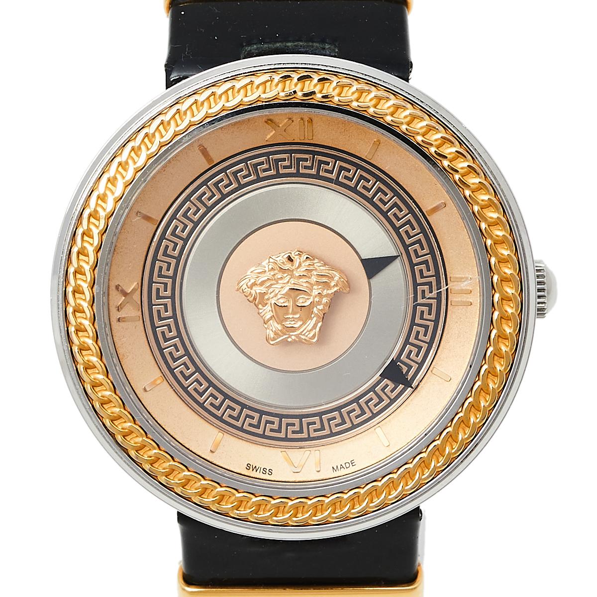 Carefully crafted using two-tone stainless steel, Versace's V-Metal Icon watch has a statement look. It has a magnificent bezel and a beautiful dial centered with the Medusa emblem. The round case is held by a leather bracelet.

