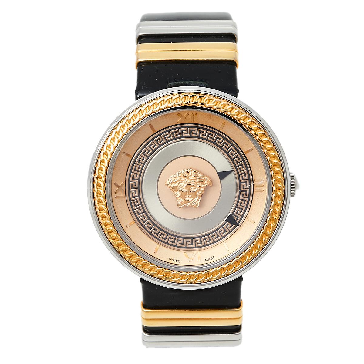 Versace Rose Gold Two-Tone Stainless Steel Leather Women's Wristwatch 40 mm