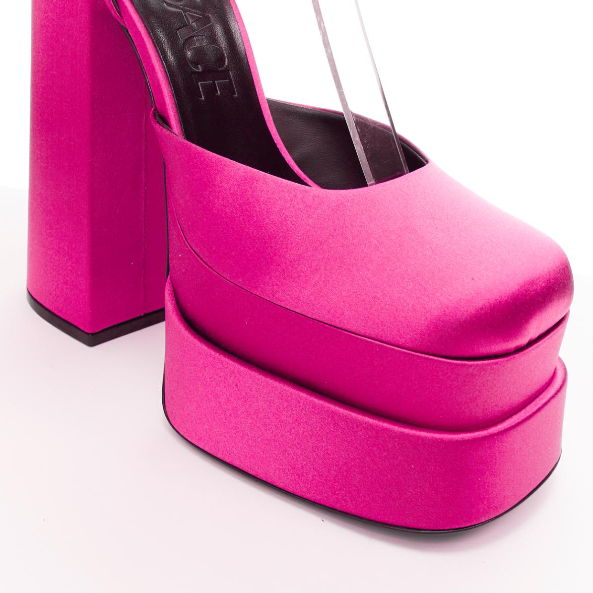 VERSACE Runway Aevitas 155 fuchsia pink satin gold crystal Medusa platform EU38 For Sale 2