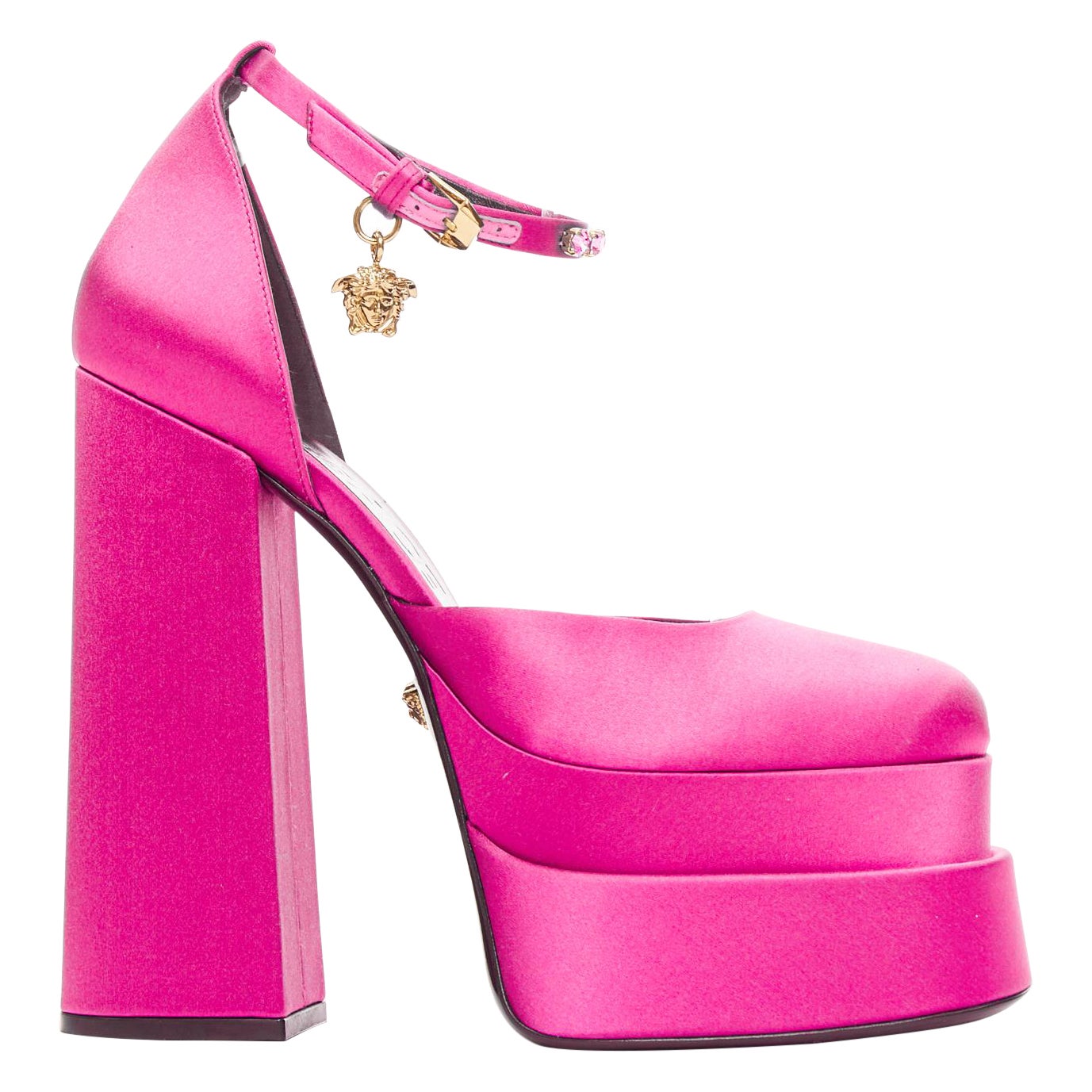 VERSACE Runway Aevitas 155 rosa fucsia raso oro cristallo Medusa piattaforma EU38