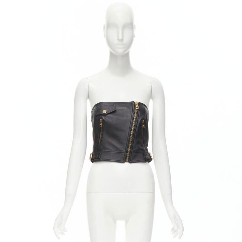 VERSACE Runway black leather gold-tone Medusa biker bustier top IT38 XS For Sale 7