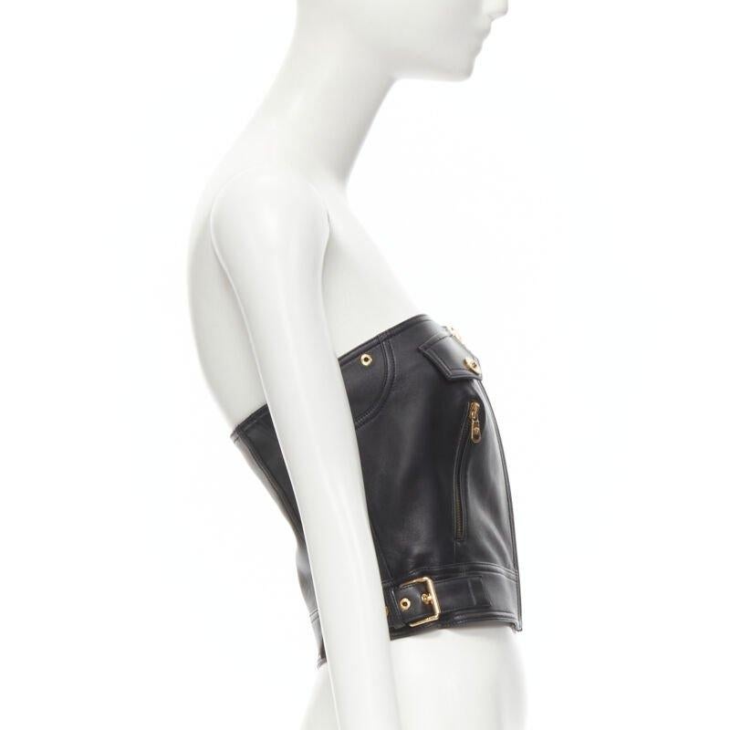 Black VERSACE Runway black leather gold-tone Medusa biker bustier top IT38 XS For Sale