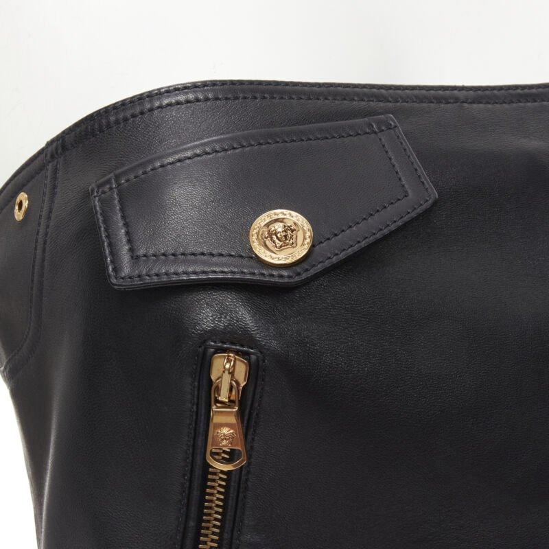 VERSACE Runway black leather gold-tone Medusa biker bustier top IT38 XS For Sale 1