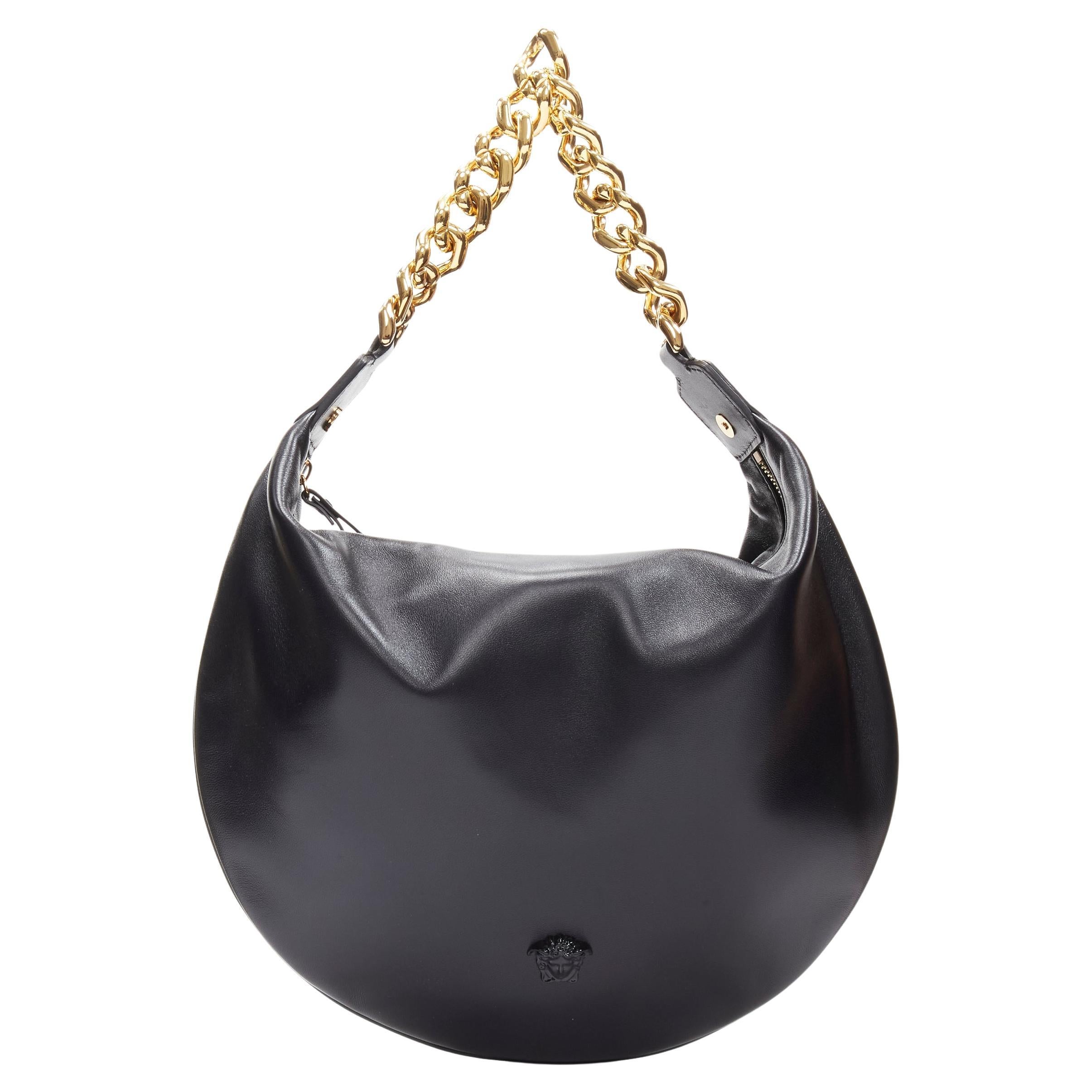 VERSACE Runway black medusa lamb leather gold tone chain hobo top handle bag For Sale