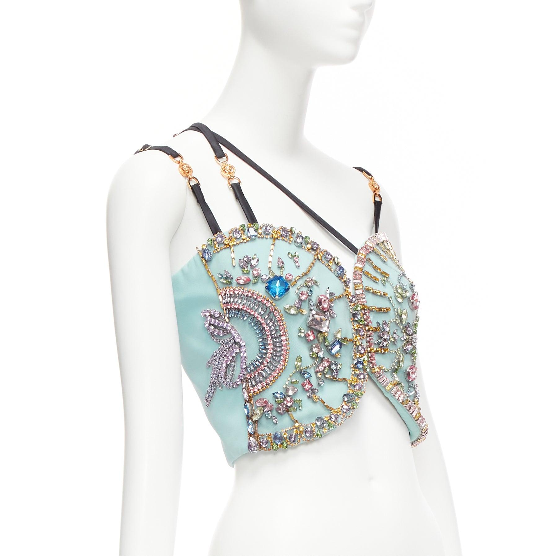Gray VERSACE Runway blue silk crystal rhinestone embellished fan bondage top IT40 S For Sale